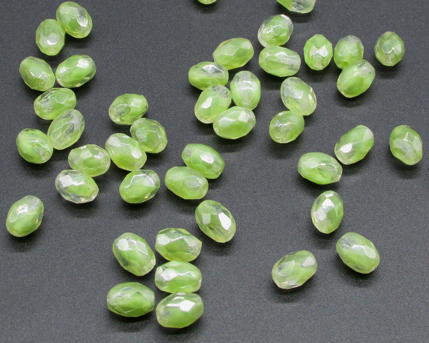 Vintage 9mm Faceted Oval Green Givre Beads