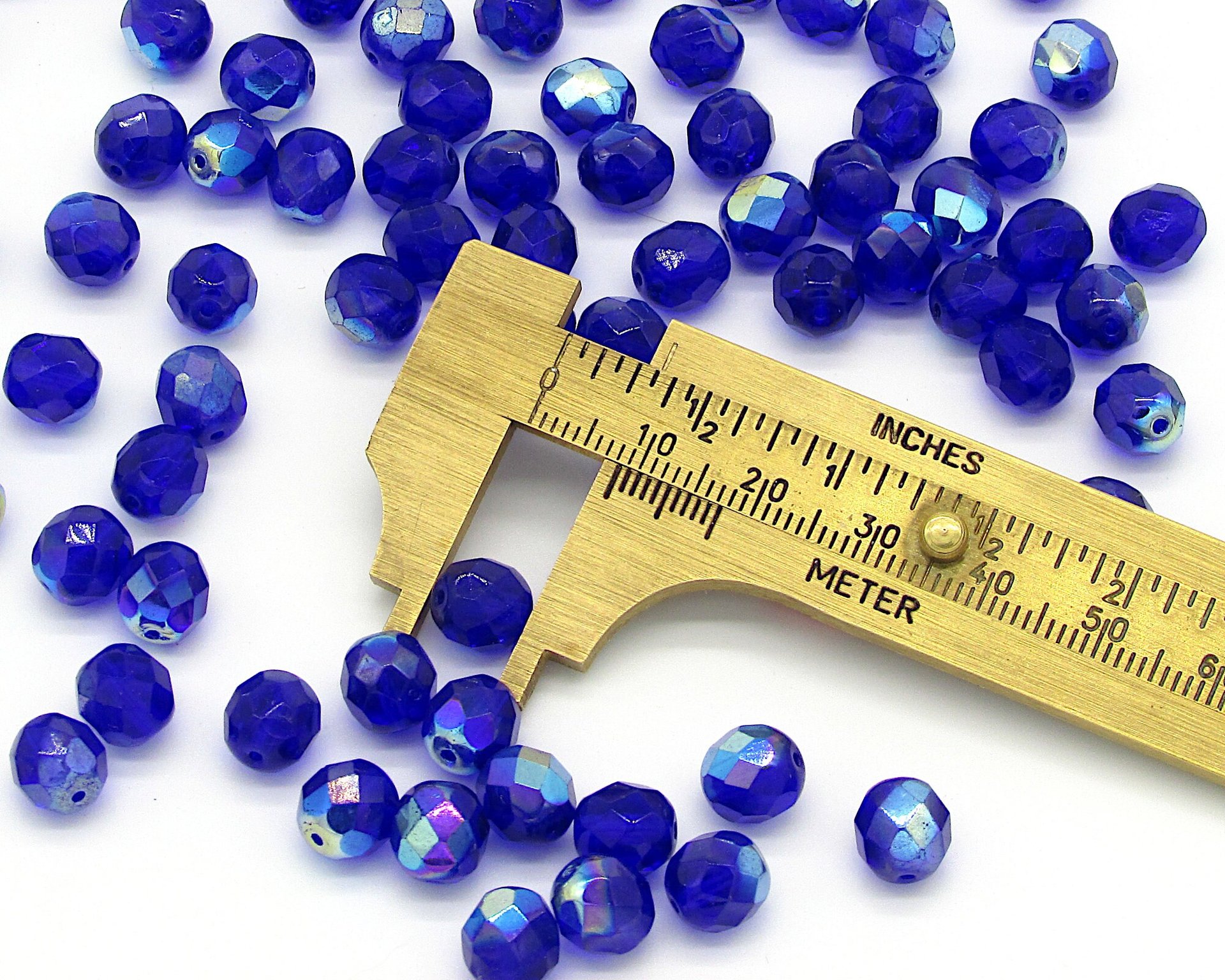 8mm Glass Beads, Faceted Rounds, Cobalt AB Czech Fire Polished Iridescent Blue Spacers