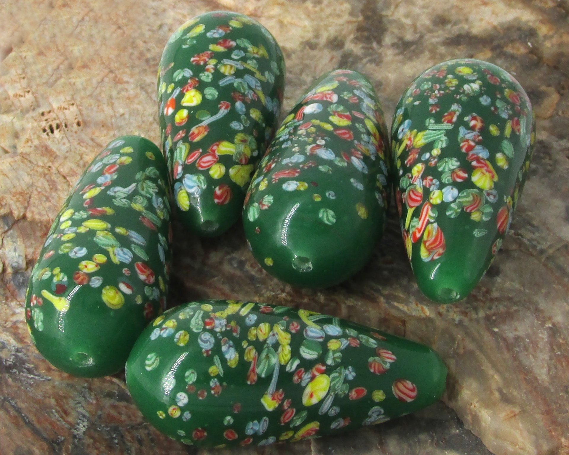Vintage 36x18mm Teardrop Focal, Green Tombo Millefiori Glass Bead