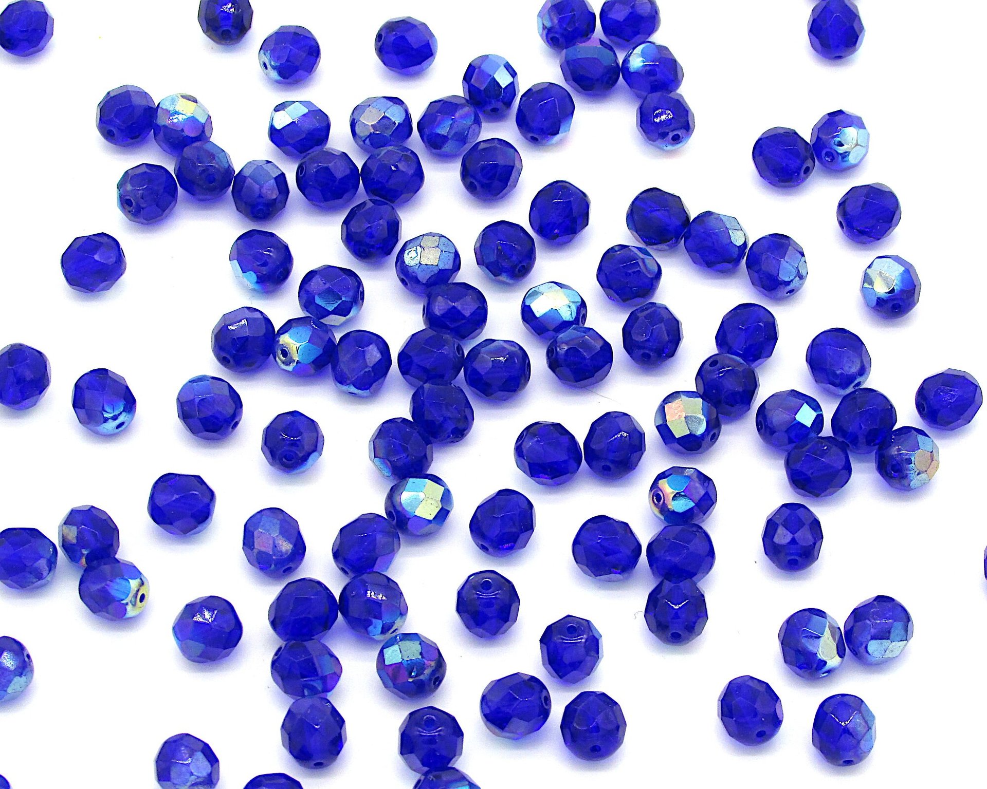 8mm Glass Beads, Faceted Rounds, Cobalt AB Czech Fire Polished Iridescent Blue Spacers