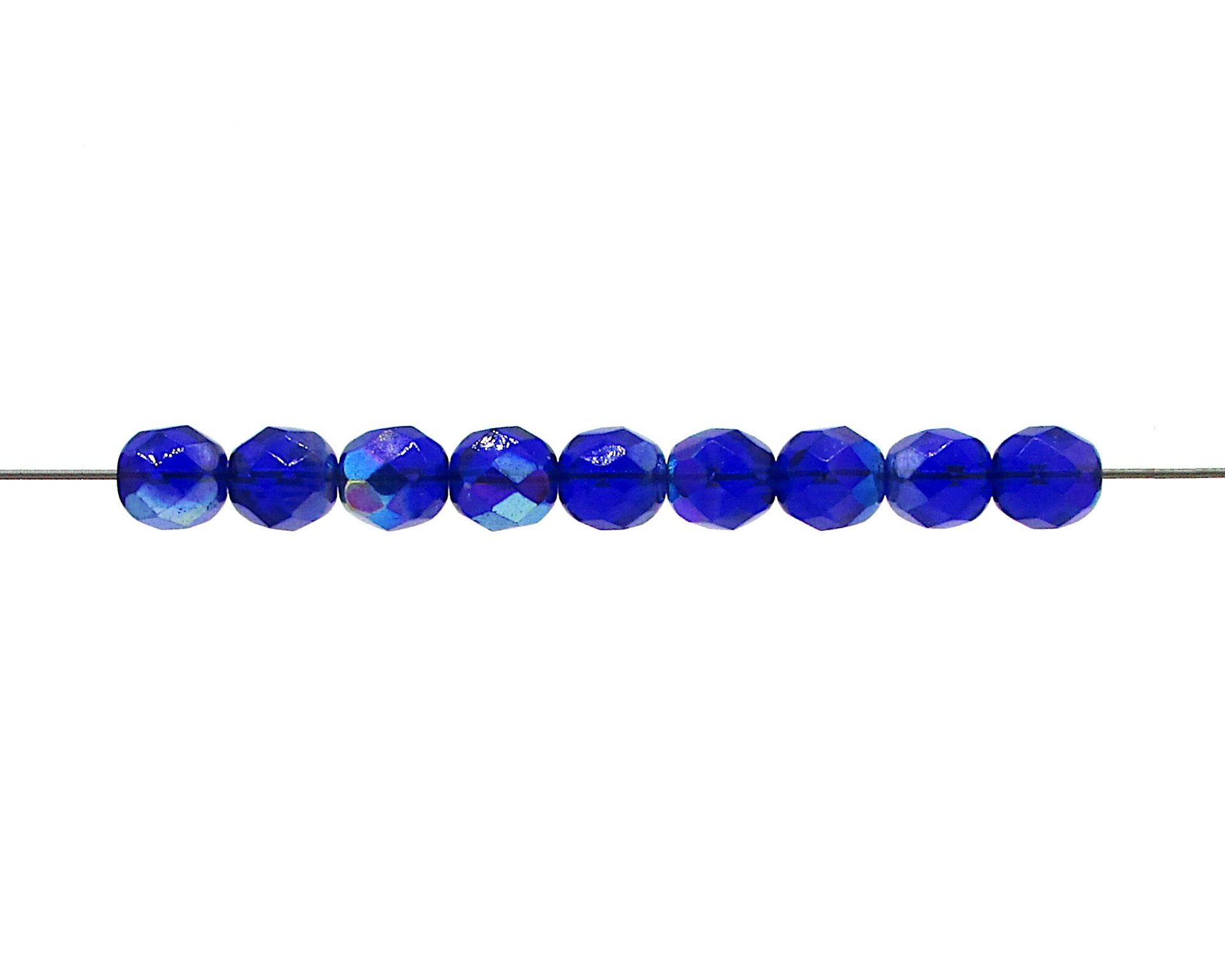8mm Glass Beads, Faceted Rounds, Cobalt AB Czech Fire Polished Iridescent Blue Spacers
