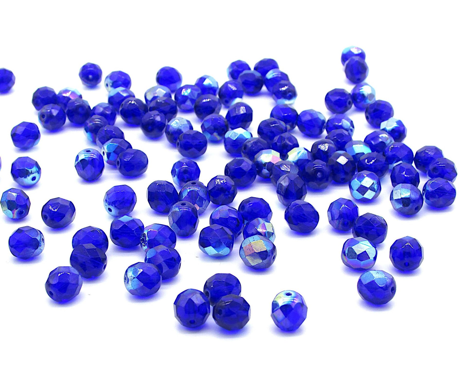 8mm Glass Beads, Faceted Rounds, Cobalt AB Czech Fire Polished Iridescent Blue Spacers