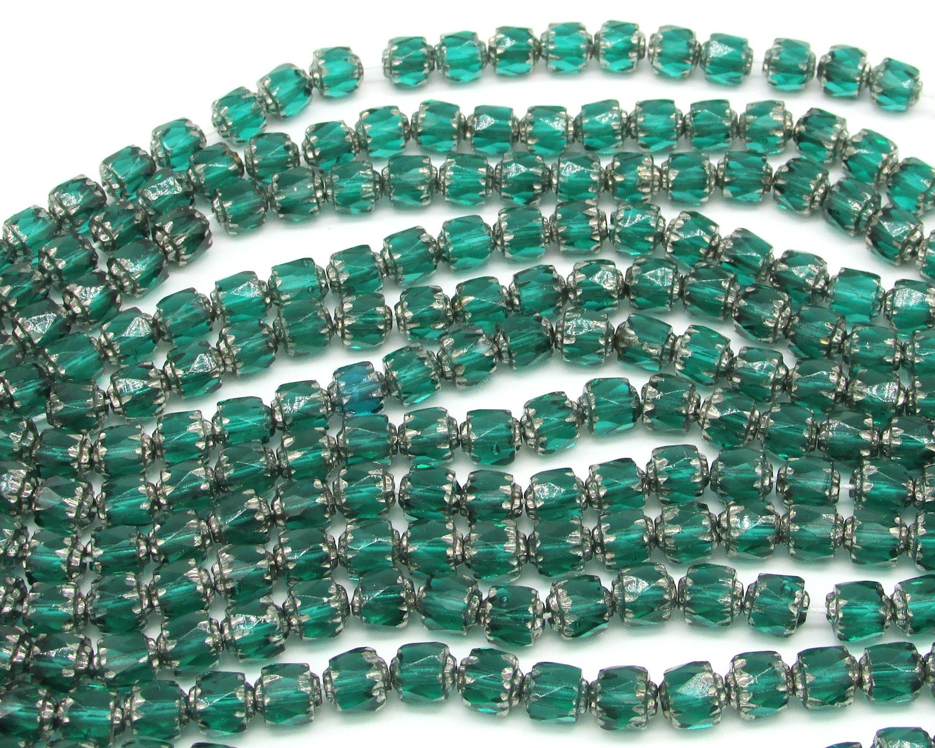 6mm Faceted Cathedral Beads, Translucent Emerald Green with Silver Etched Crowns, Czech Fire Polished Barrels