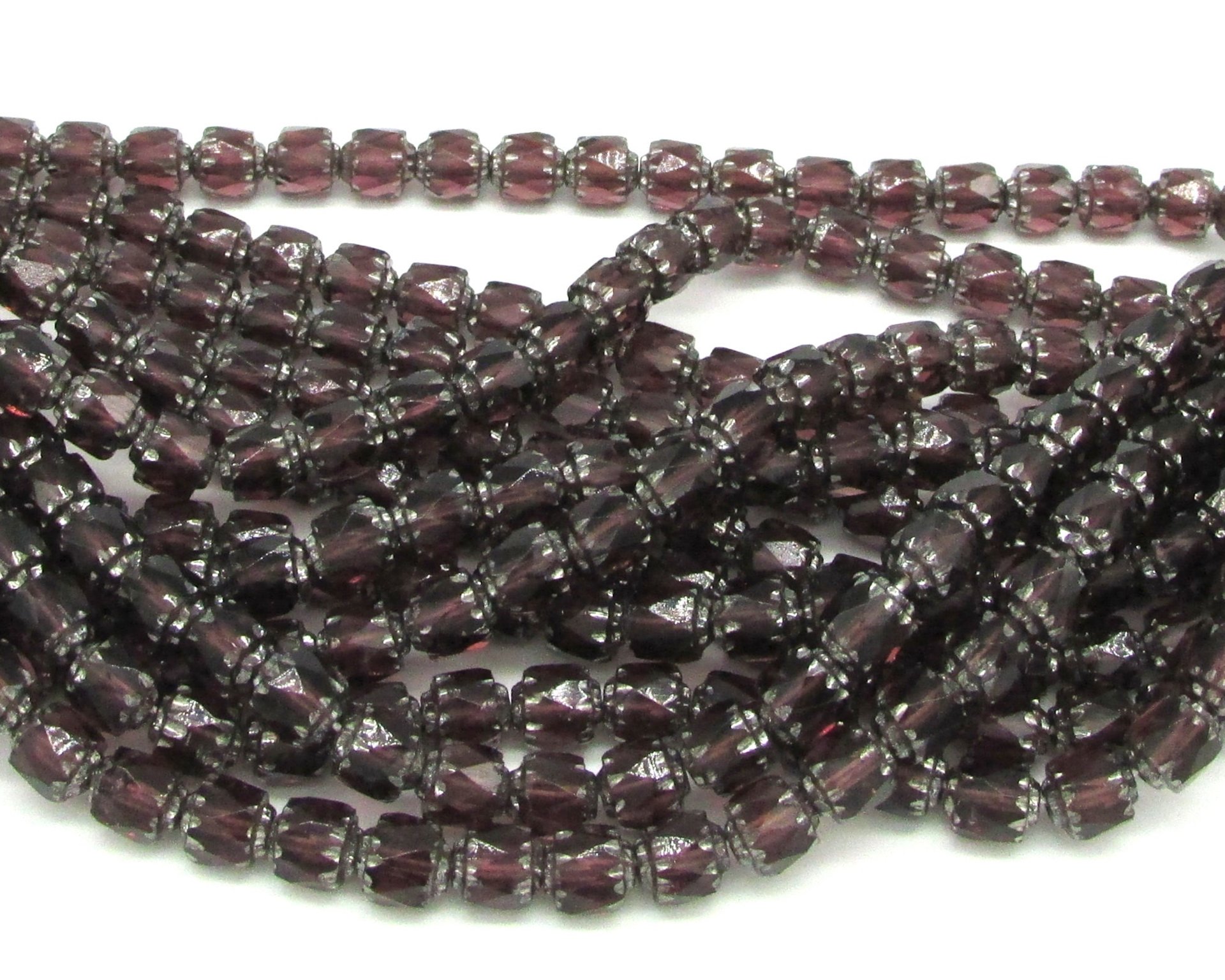 6mm Octagonal Crown Cathedral Beads, Translucent Amethyst with Antique Silver Etching