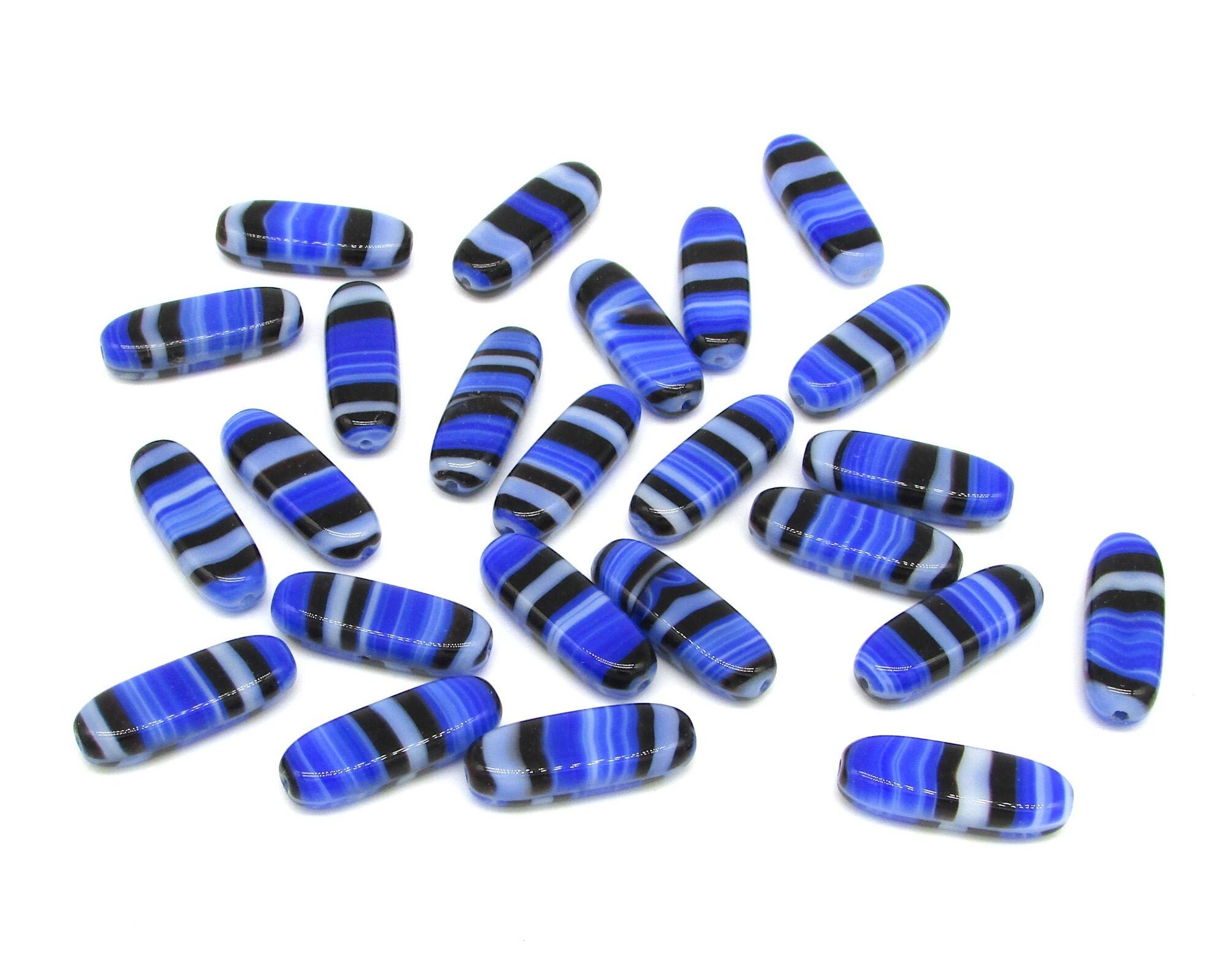 21x8mm Striped Flat Oval Glass Beads, Blue and Gray Lampwork