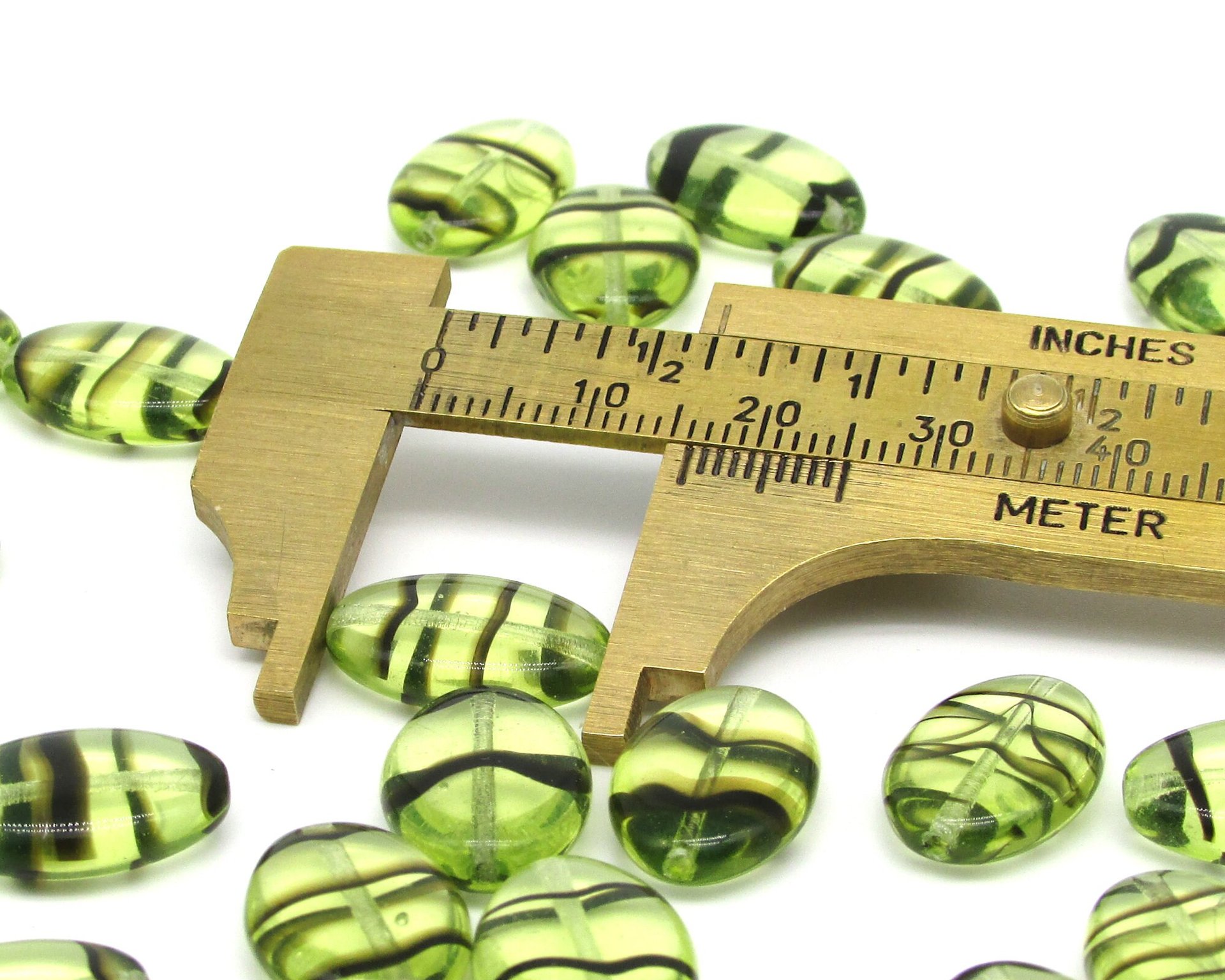 16mm Flat Oval Beads, Green and Brown Striped Glass