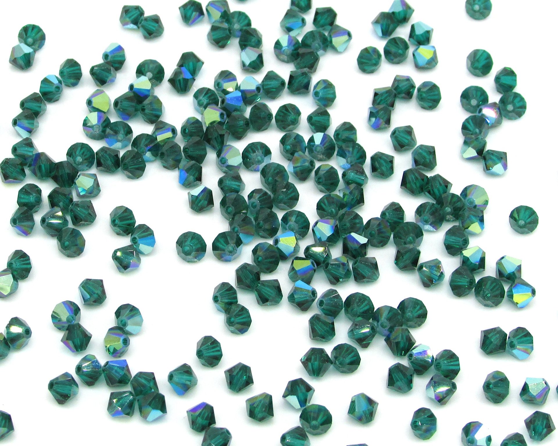 Vintage 4mm Bicone Beads, Emerald AB Machine Cut Crystal