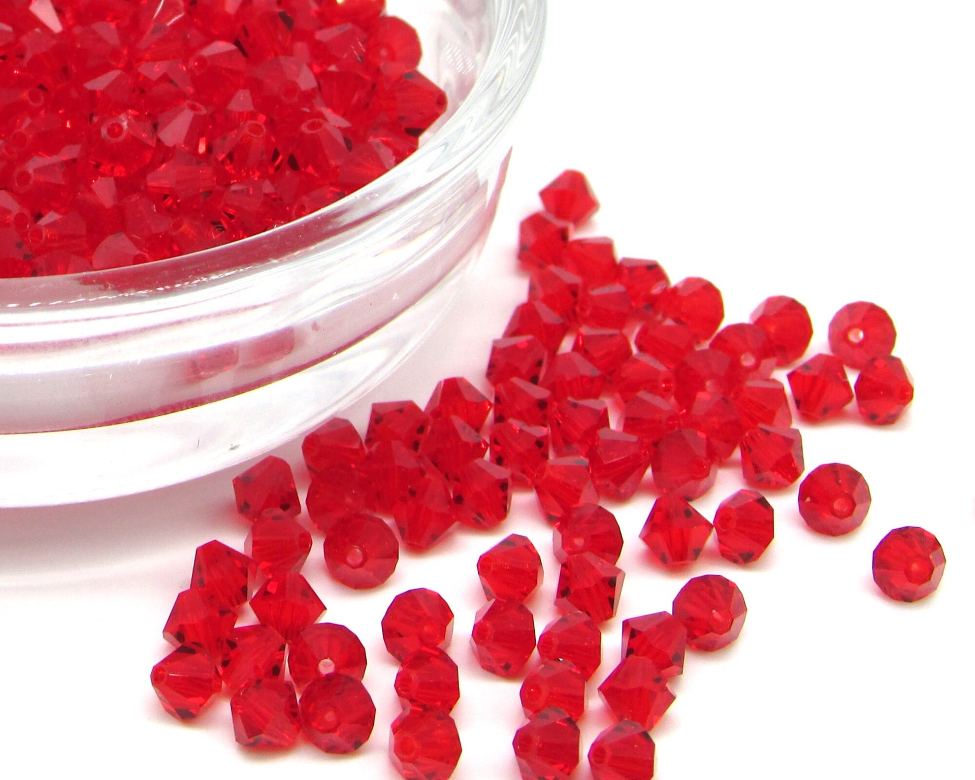 Vintage 4mm Faceted Bicones, Light Siam Red Vintage Machine Cut Crystal Beads