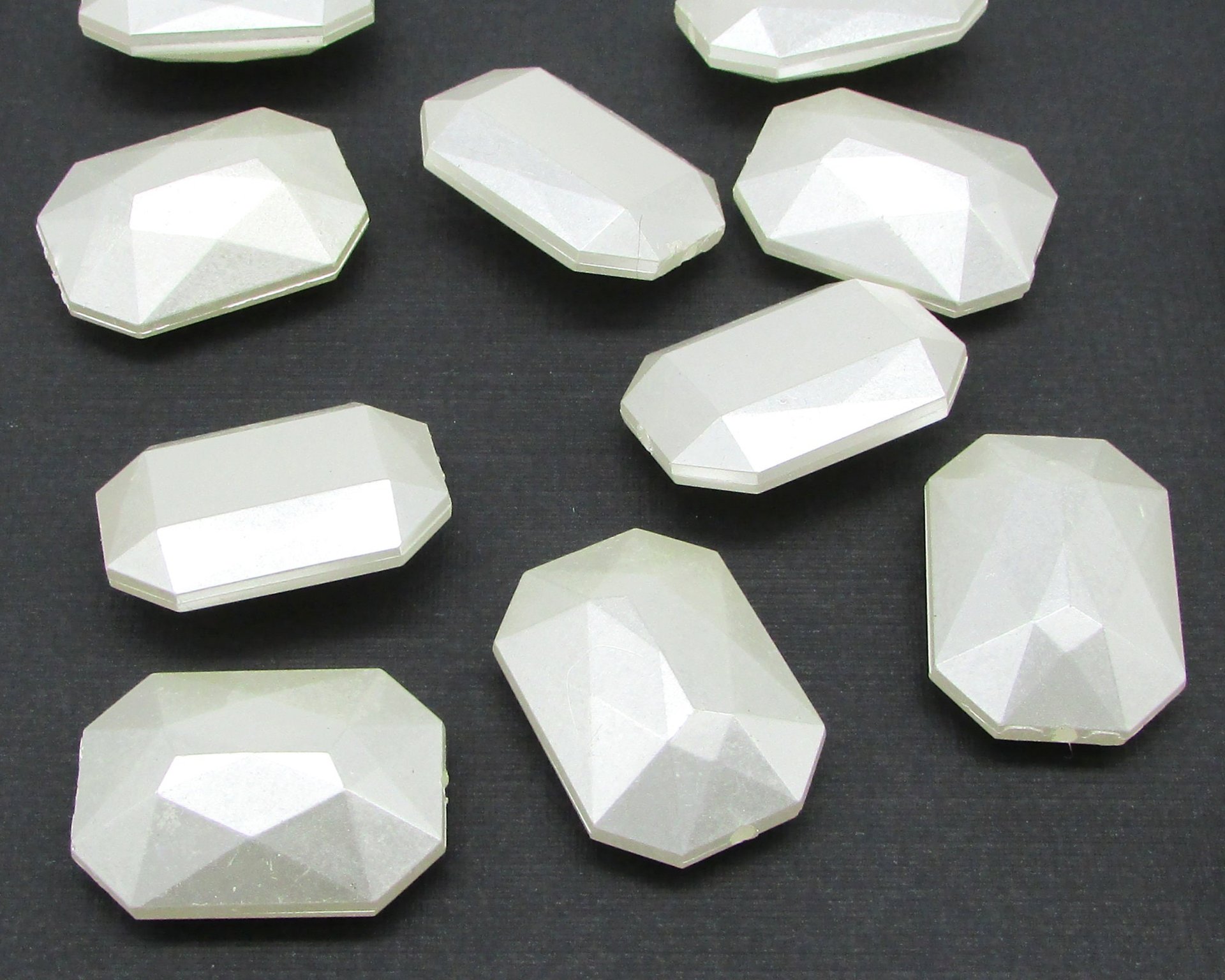 White Pearlized Octagon Beads, Vintage 25x18mm Plastic Baguettes