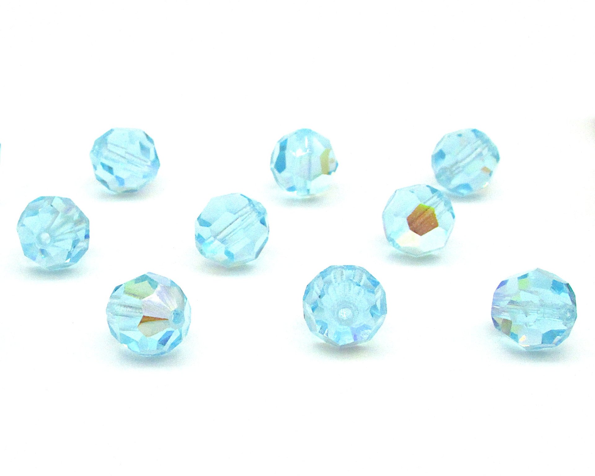 10mm Faceted Round Beads, Vintage Aqua AB Czech Machine Cut Crystal, Iridescent Pastel Blue-Green Spacers (12)