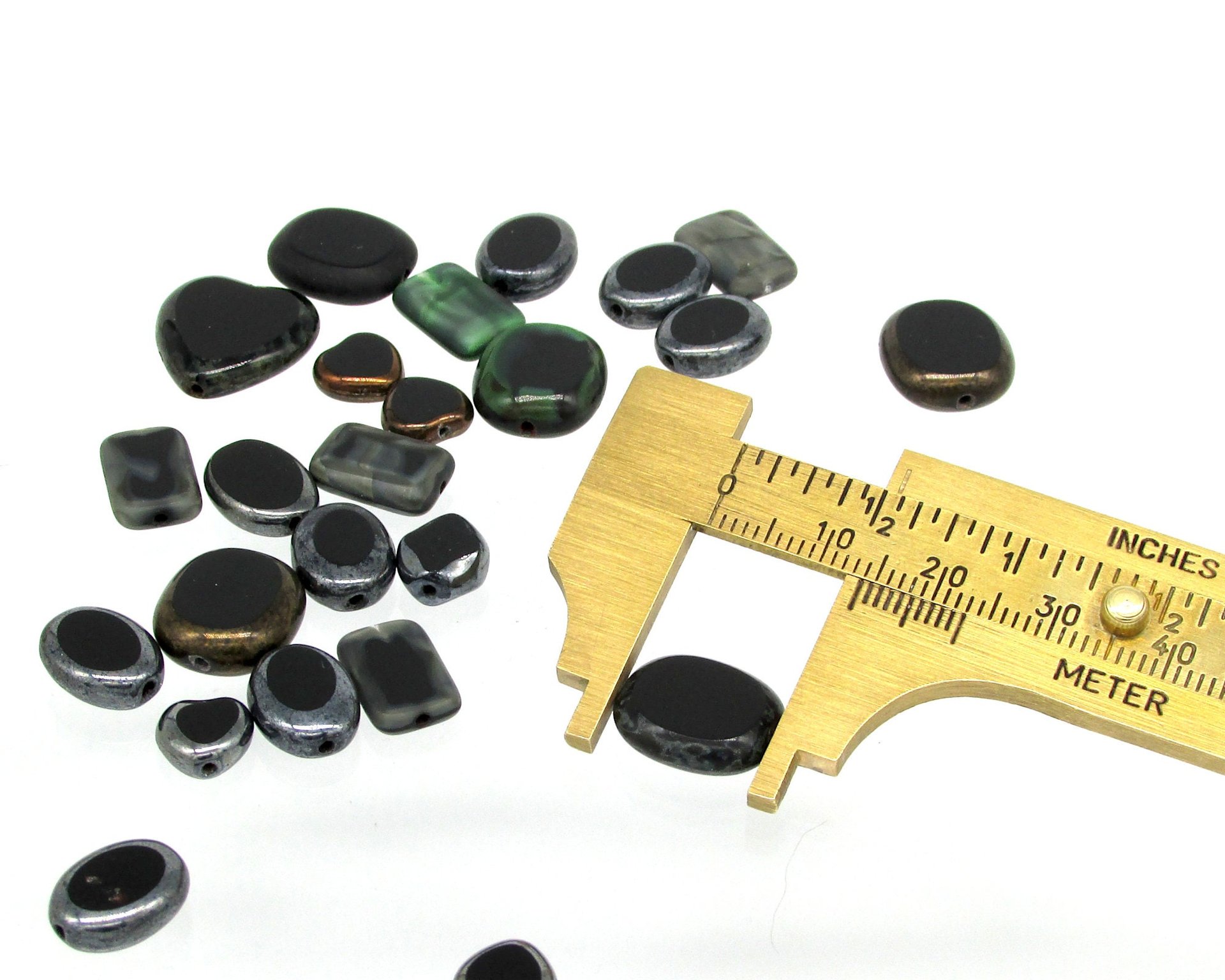 Flat Bead Mix, Opaque Black Picasso Czech Glass 2-Cut Hearts, Ovals and Rectangles