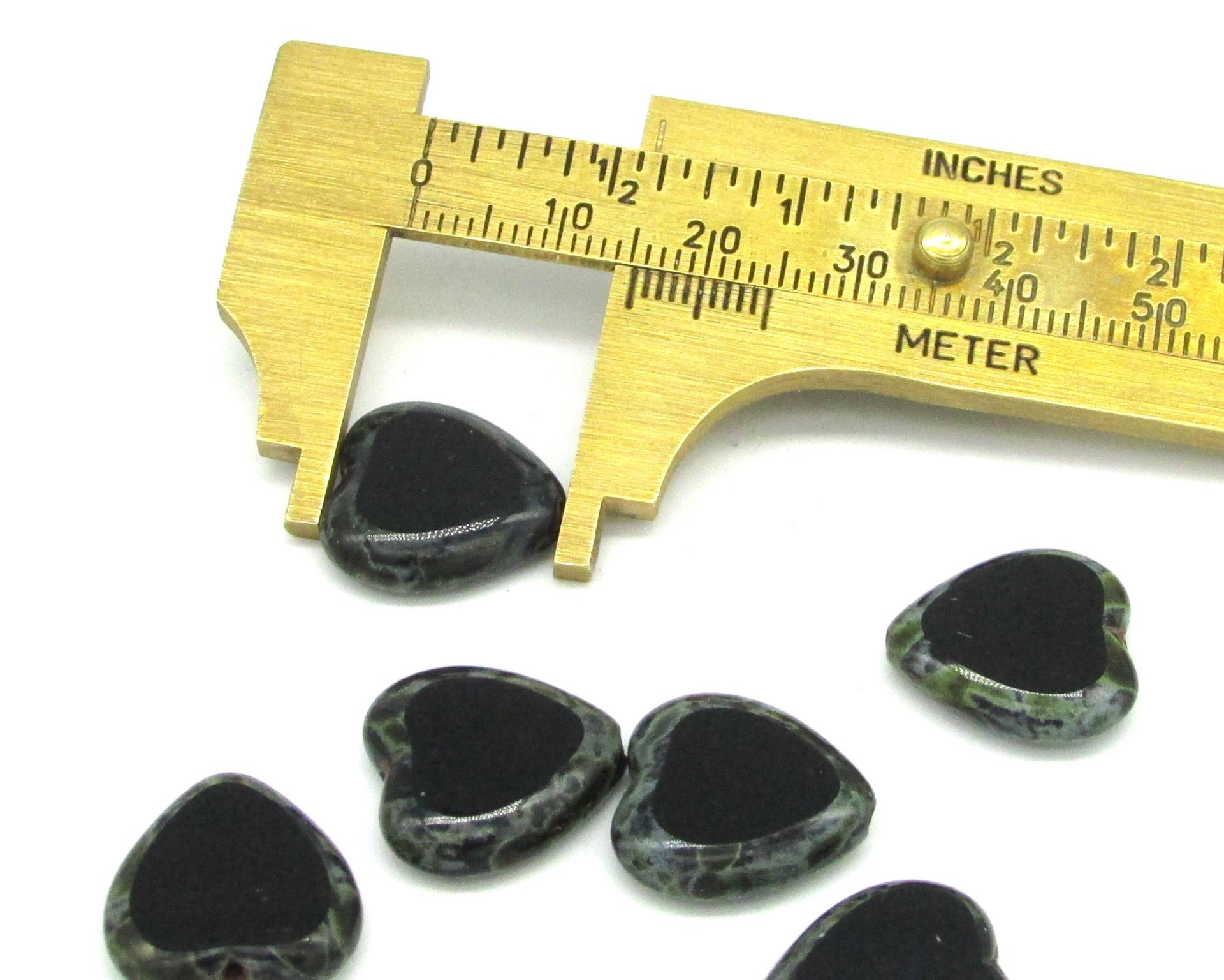 15mm Flat Hearts, Black Picasso Czech 2-Cut Window Beads (6)