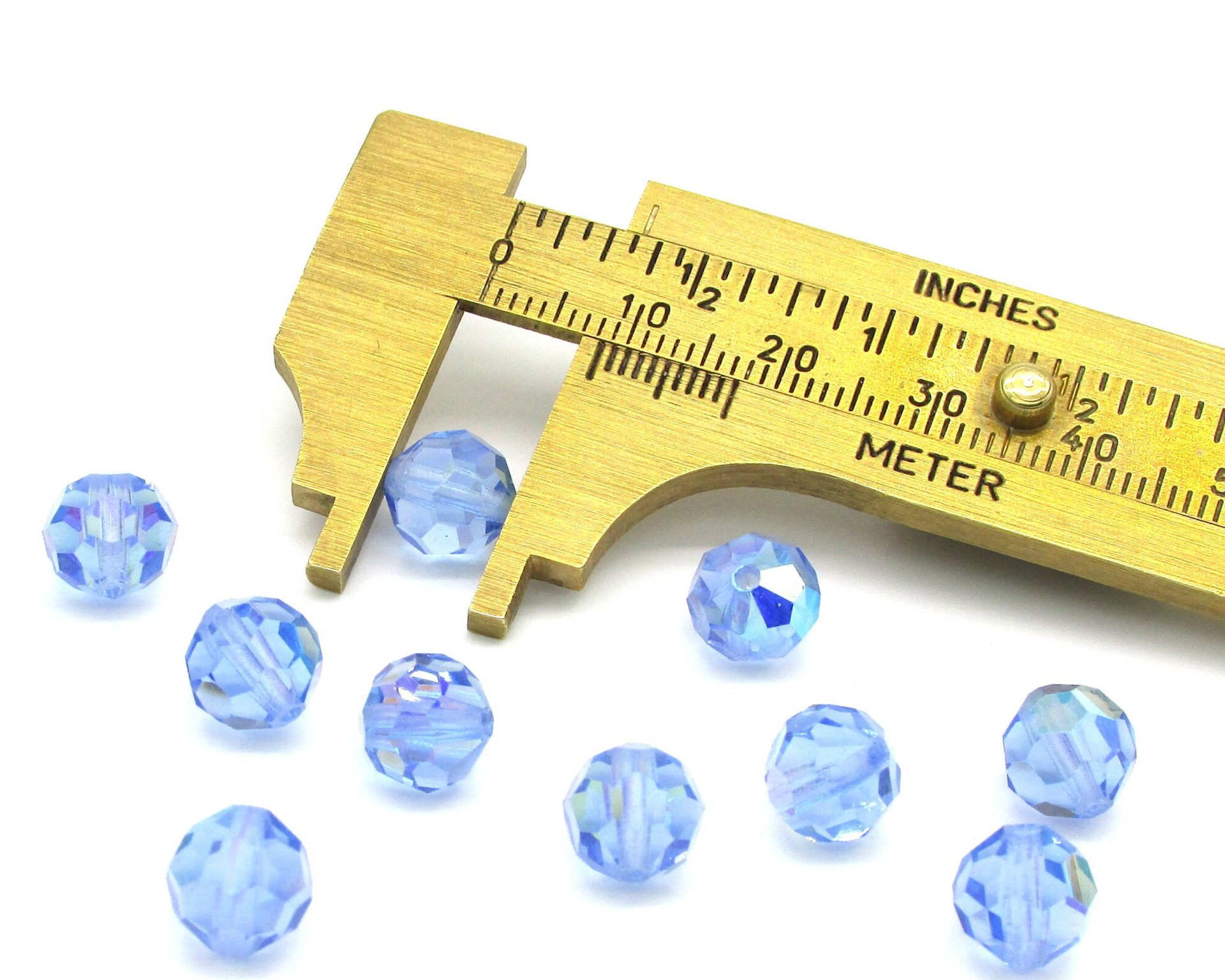 Vintage 8mm Faceted Round Beads, Light Sapphire AB Czech Machine Cut Crystal