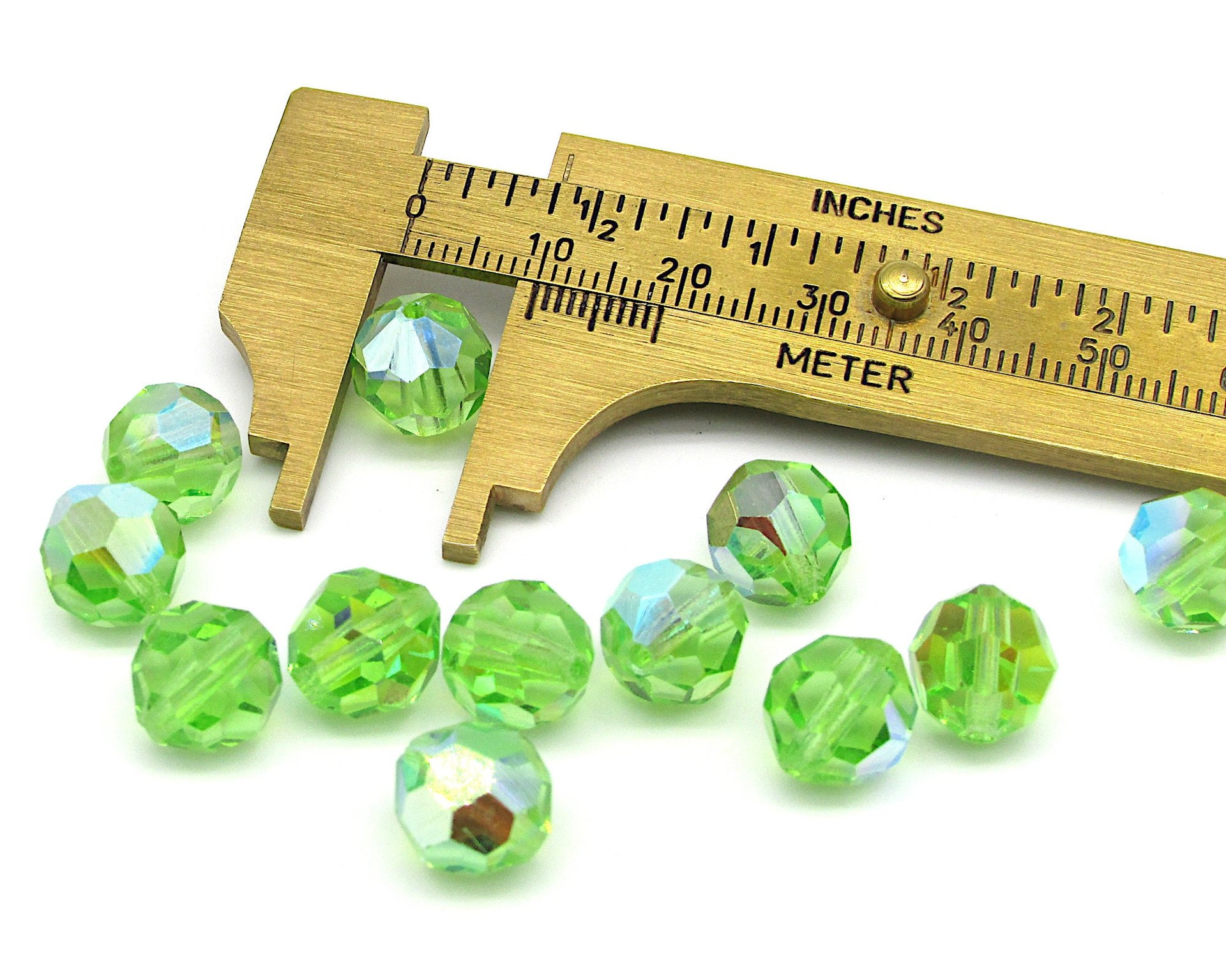 10mm Faceted Round Beads, Peridot AB Vintage Czech Machine Cut Crystal, Iridescent Pale Green Spacers