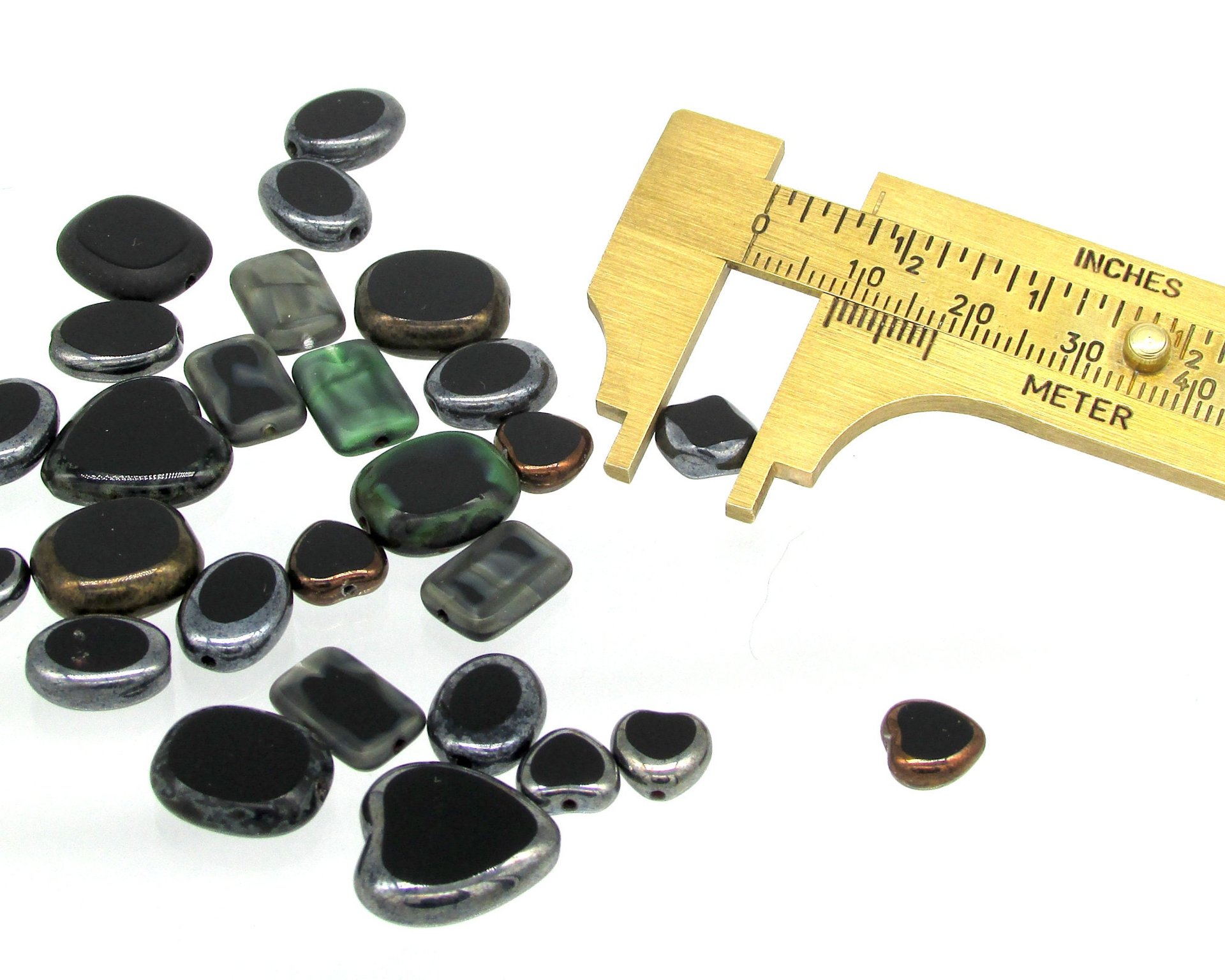 Flat Bead Mix, Opaque Black Picasso Czech Glass 2-Cut Hearts, Ovals and Rectangles