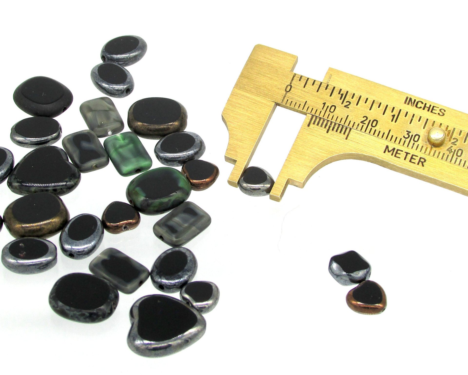 Flat Bead Mix, Opaque Black Picasso Czech Glass 2-Cut Hearts, Ovals and Rectangles