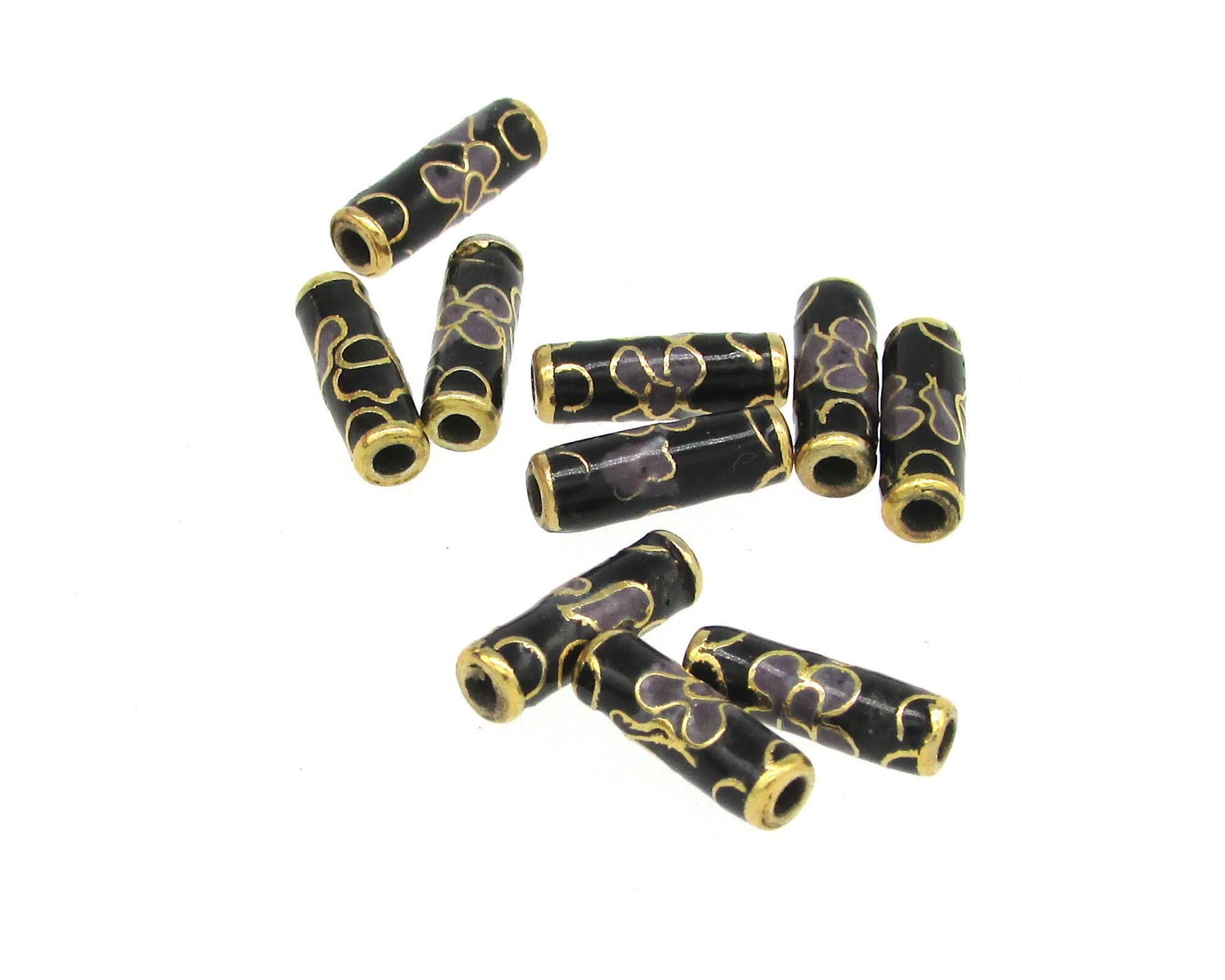 12x4mm Tube Beads, Black Cloisonne with Lavender Flowers (10)