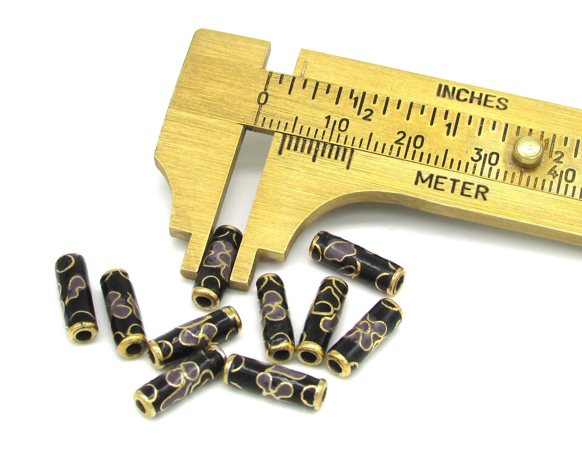 12x4mm Tube Beads, Black Cloisonne with Lavender Flowers (10)