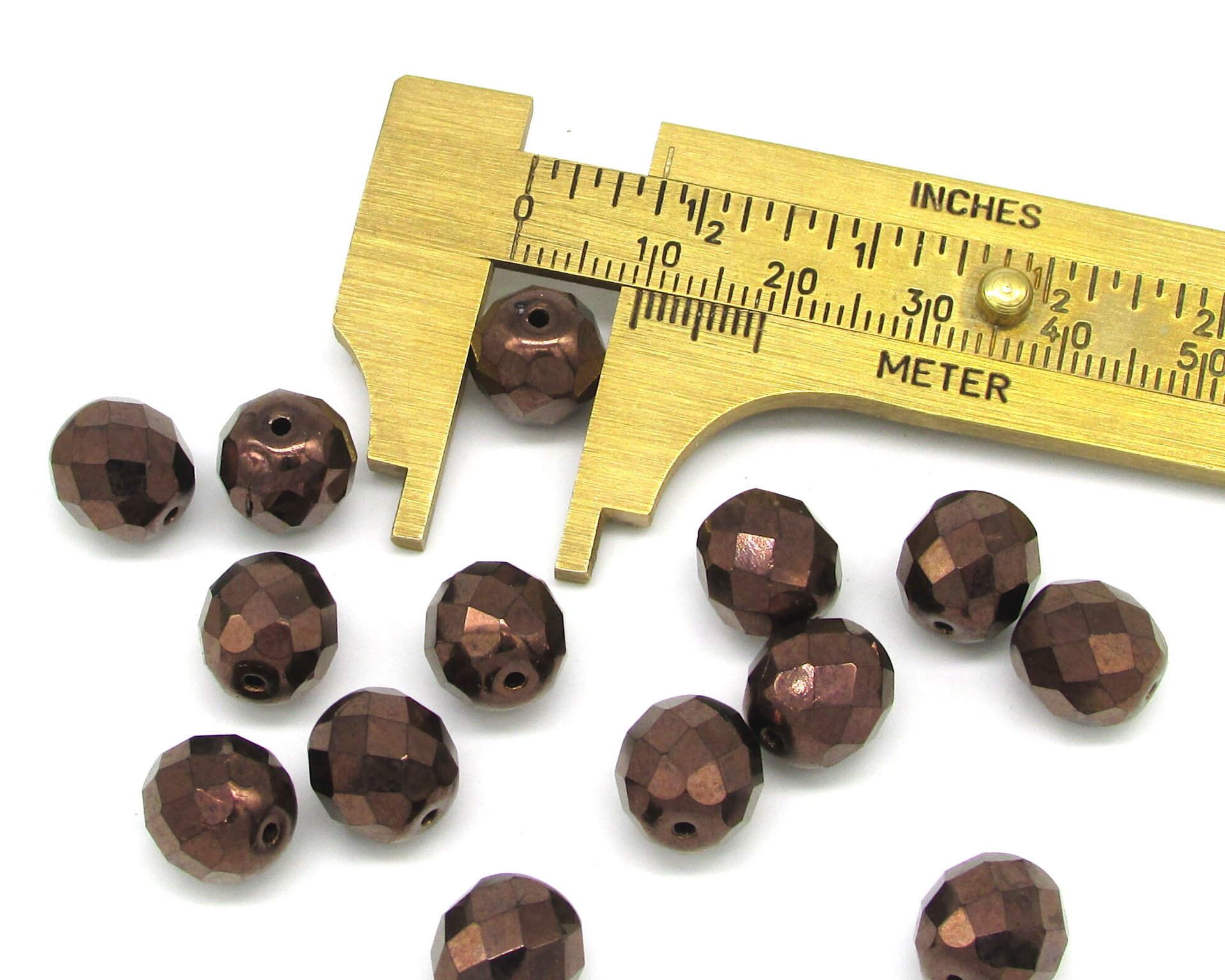 10mm Round Faceted Czech Glass Beads, Dark Bronze