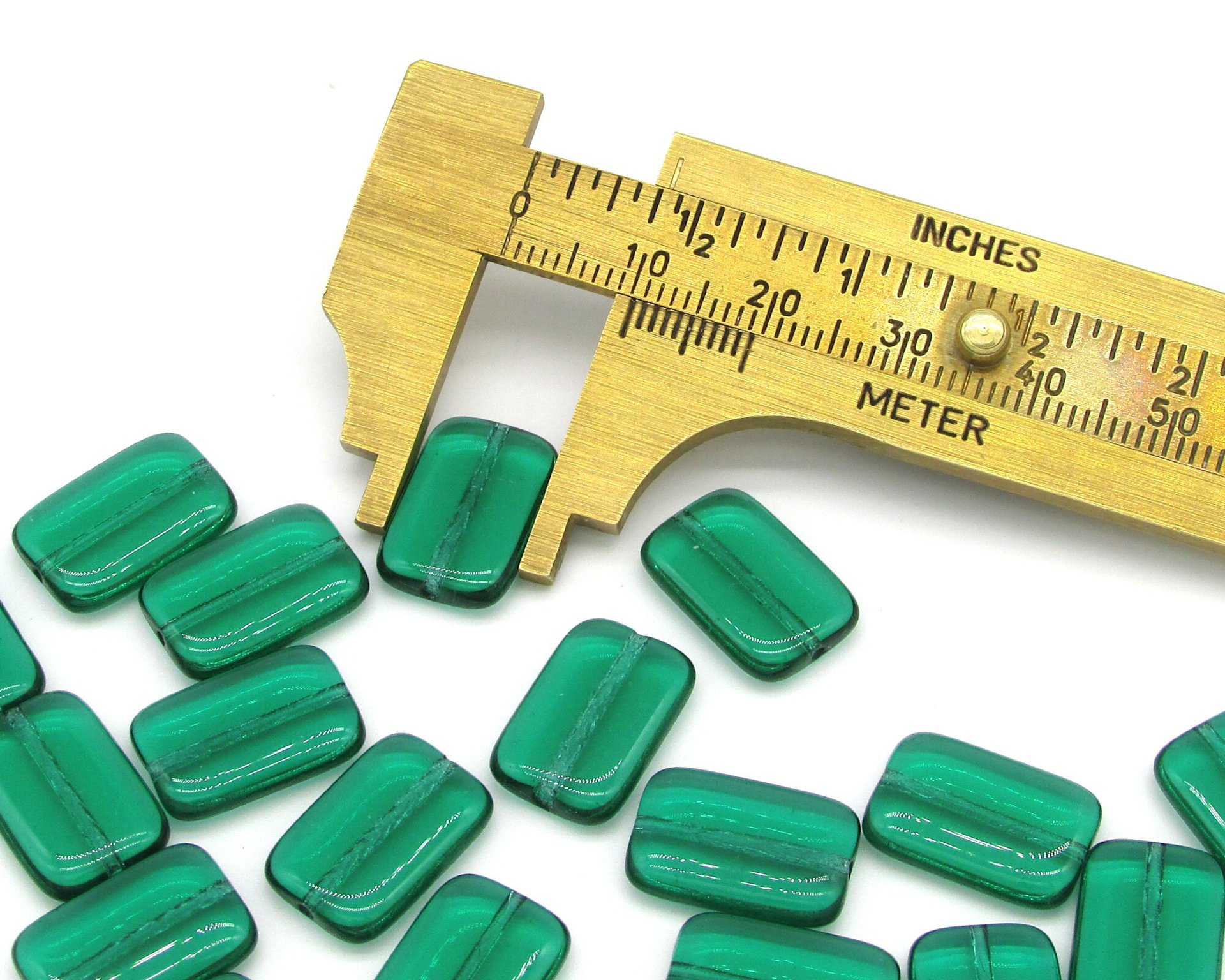 15.5mm Flat Rectangle Beads, 15.5x10mm Translucent Green Czech Pressed Glass