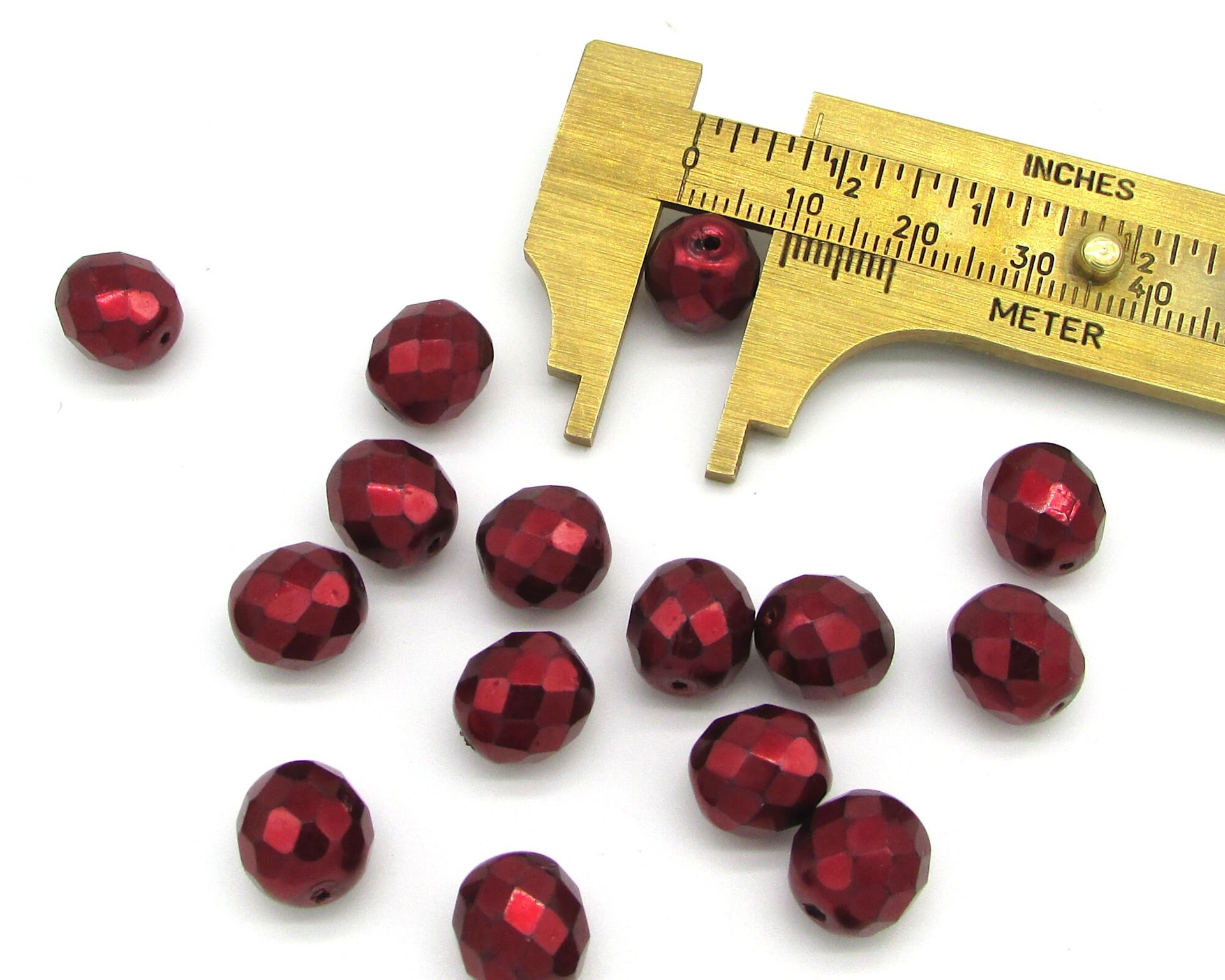 10mm Metallic Red Glass Beads, Czech Glass Faceted Rounds