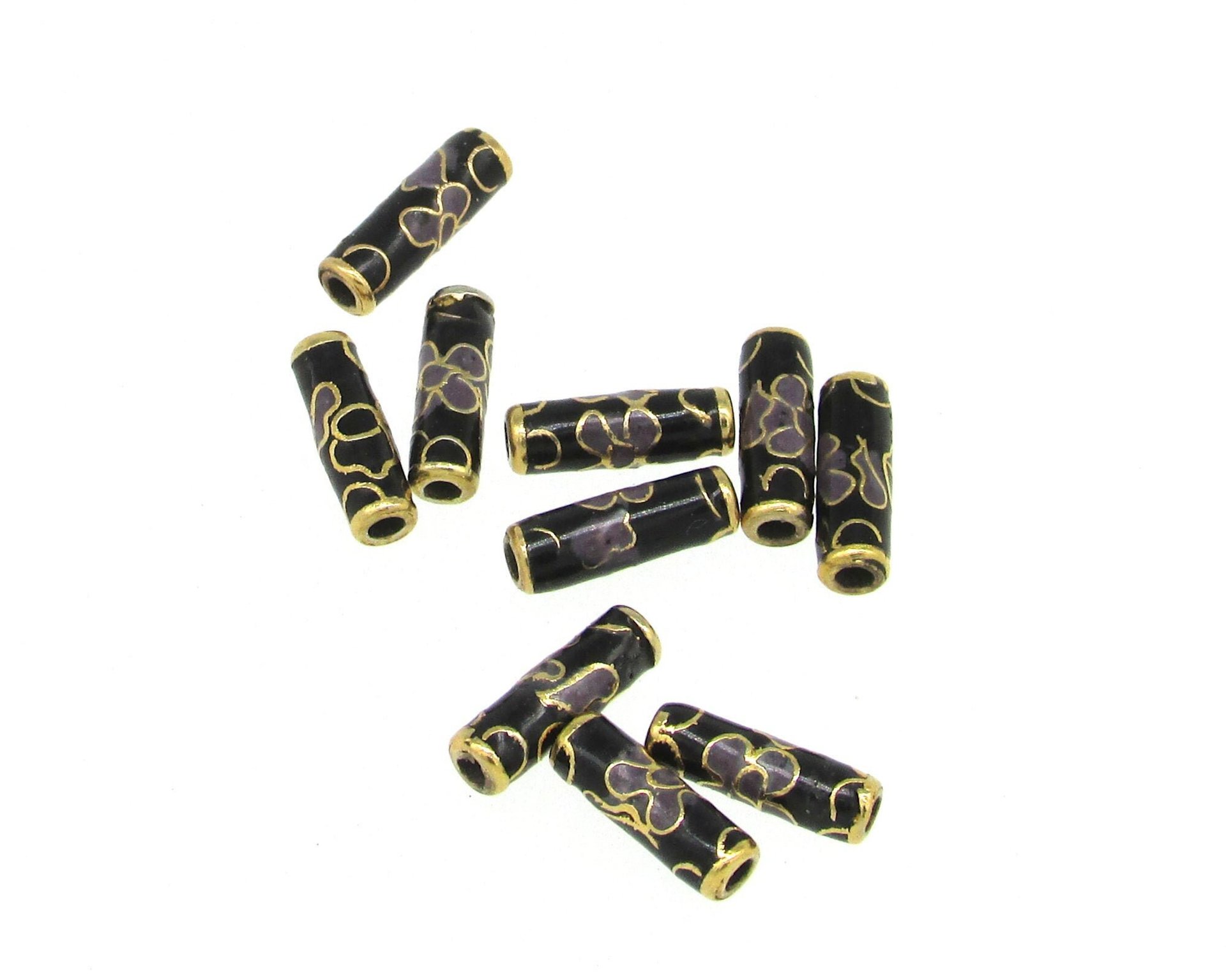 12x4mm Tube Beads, Black Cloisonne with Lavender Flowers (10)