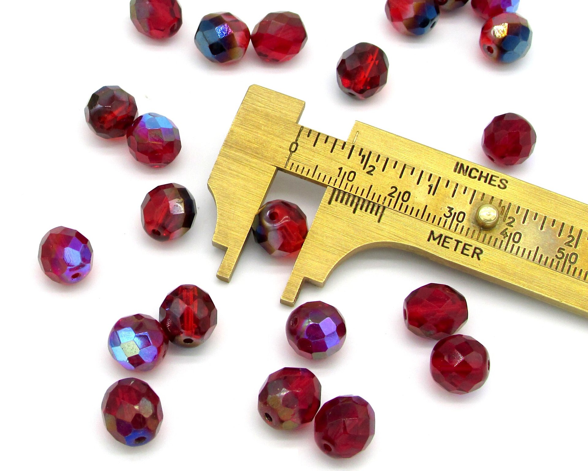 10mm Faceted Round Beads, Translucent Red Czech Fire Polished Glass Spacers, Bright Siam AB or Rich Garnet Shades