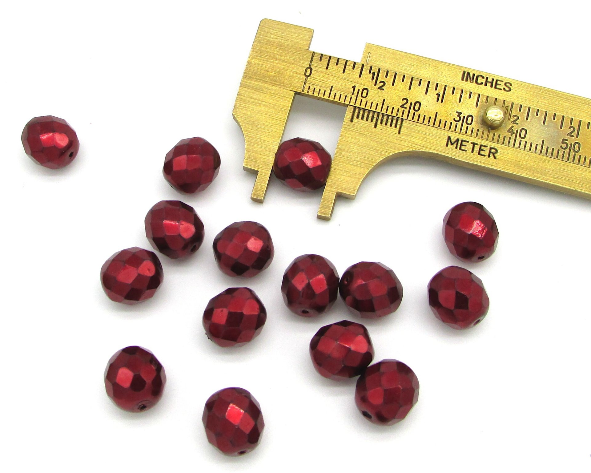 10mm Metallic Red Glass Beads, Czech Glass Faceted Rounds