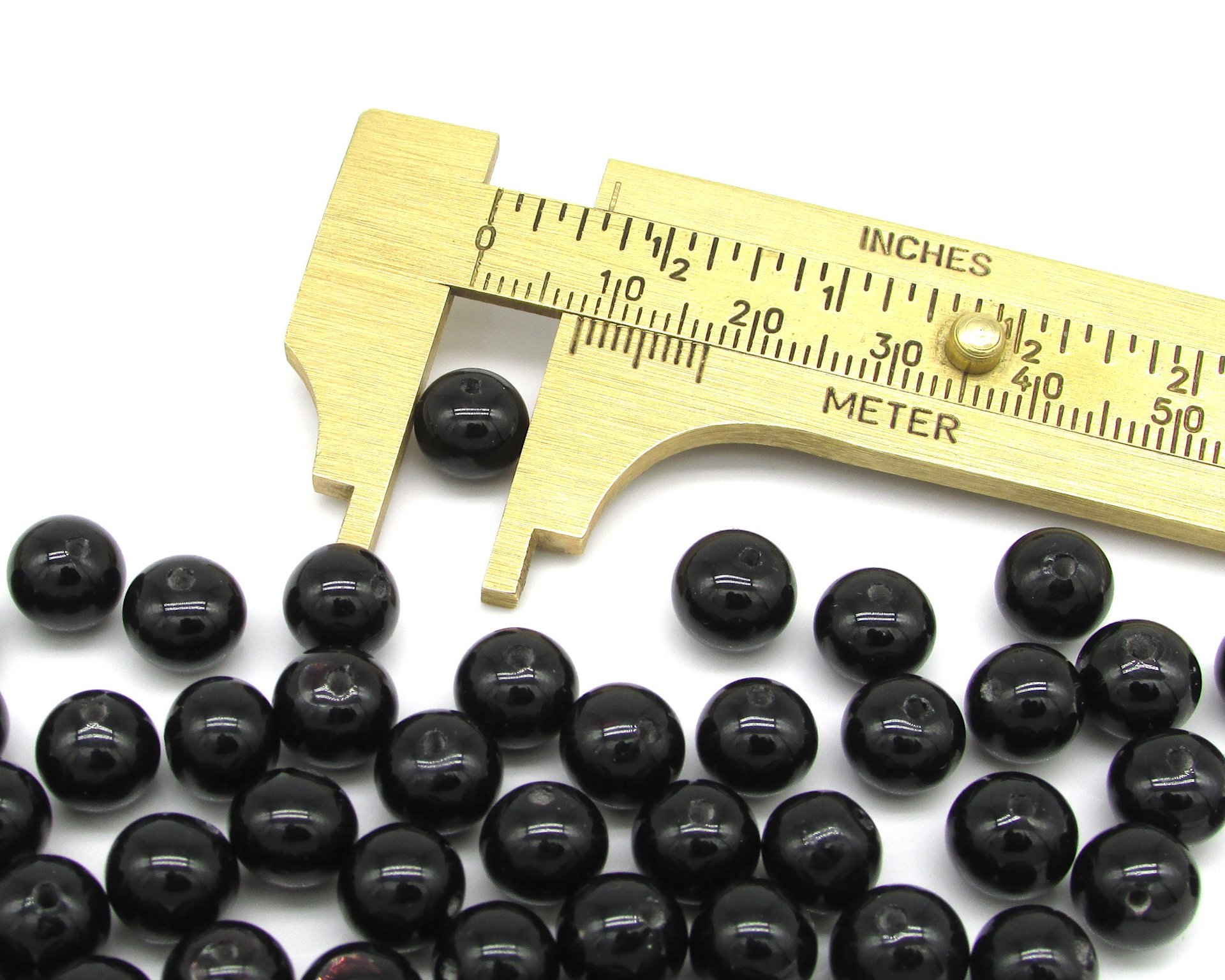 8mm Round Black Glass Beads, Glossy Opaque Jet Spacers (50)
