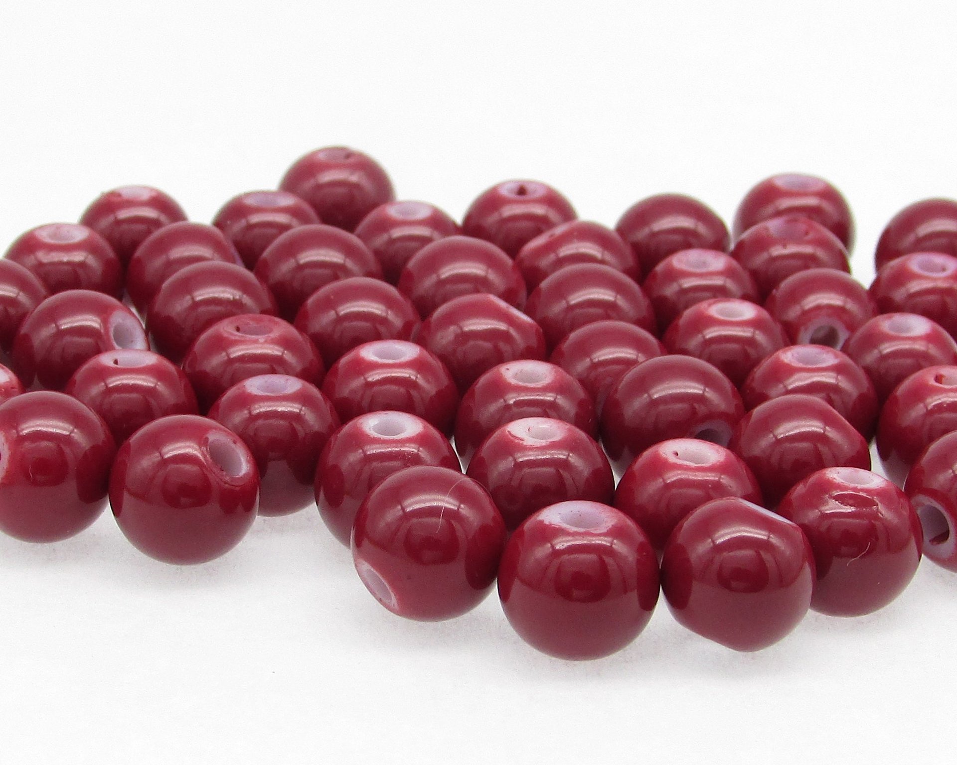 8mm Round Glass Beads, Opaque Dark Red Smooth Pressed Glass Spacers (50)