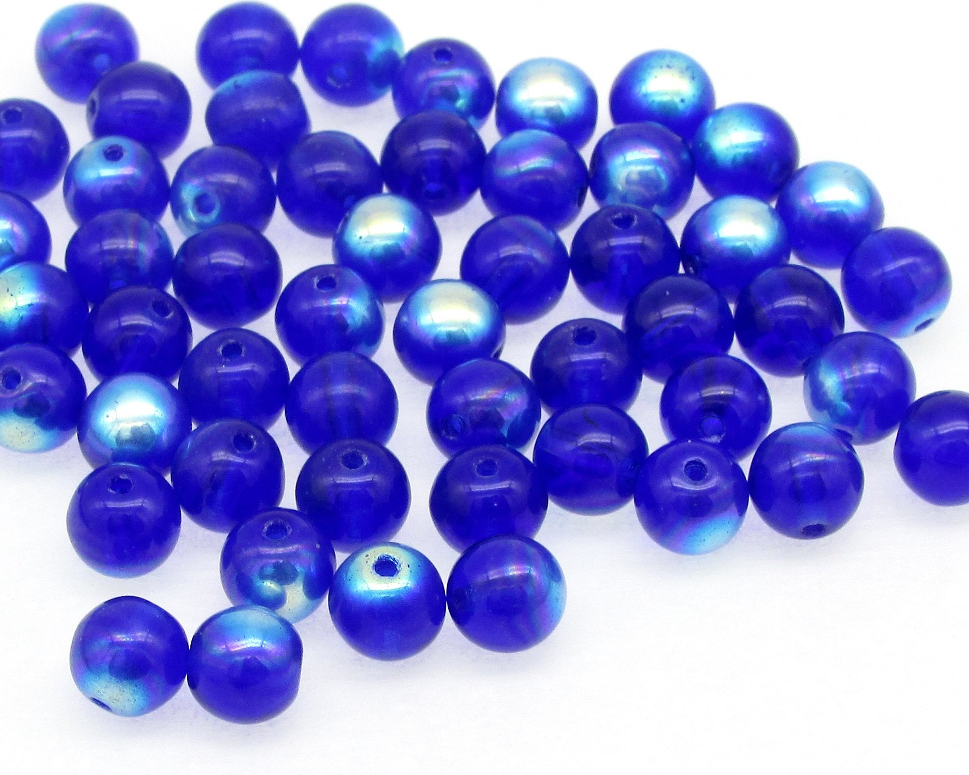 6mm Smooth Round Beads, Blue Czech Pressed Glass Spacers