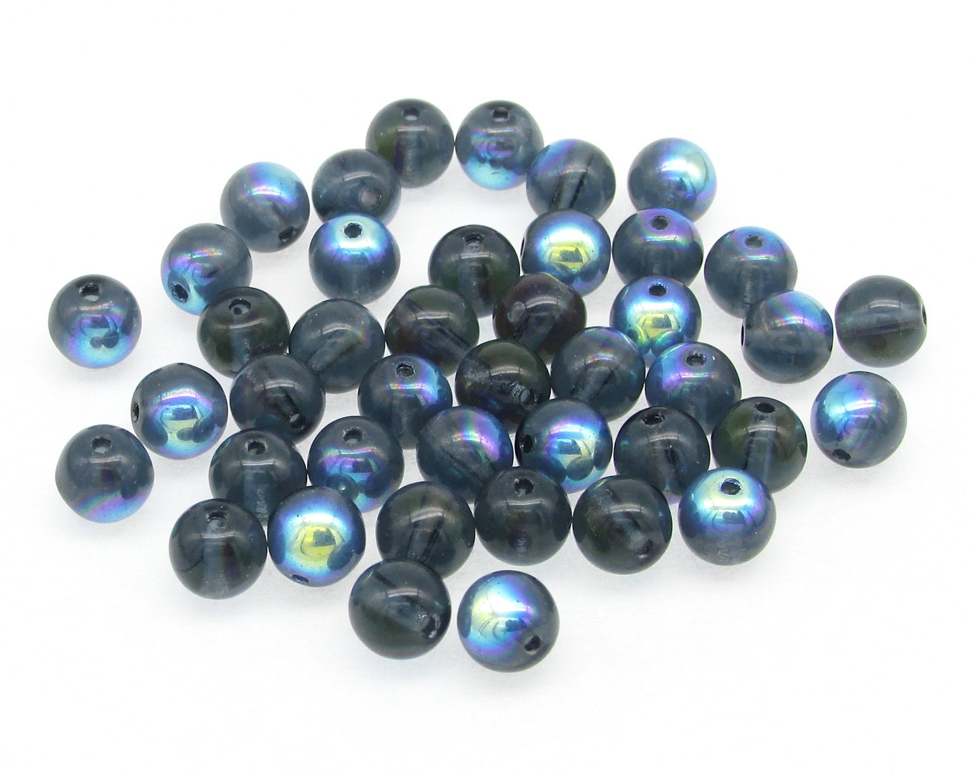 6mm Smooth Round Beads, Blue Czech Pressed Glass Spacers