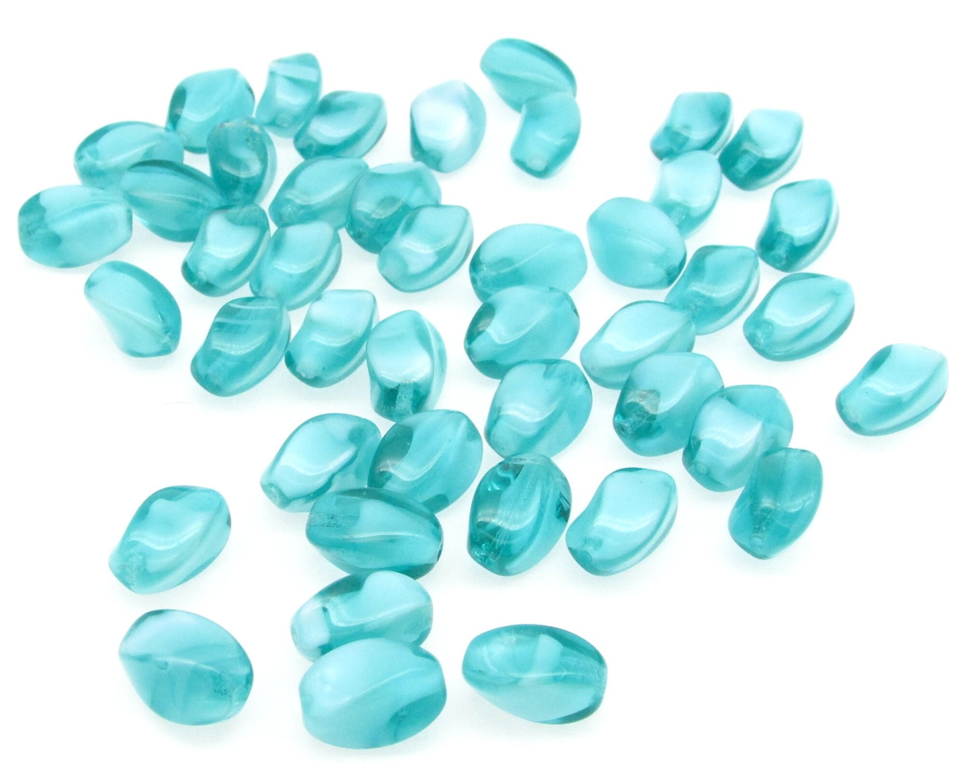 14x8mm Twisted Oval Beads, Aqua Givre Czech Pressed Glass Barrels (36)
