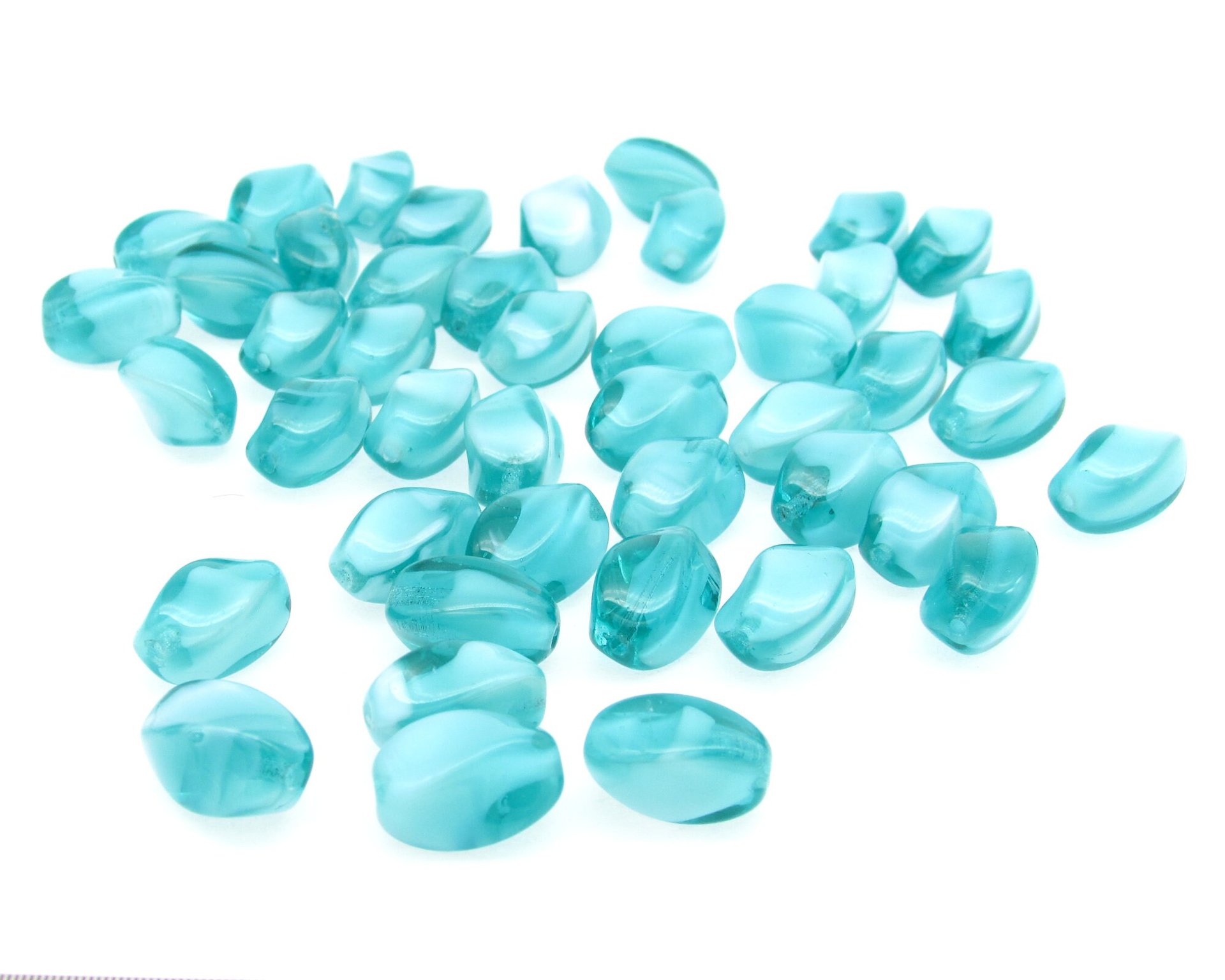 14x8mm Twisted Oval Beads, Aqua Givre Czech Pressed Glass Barrels (36)