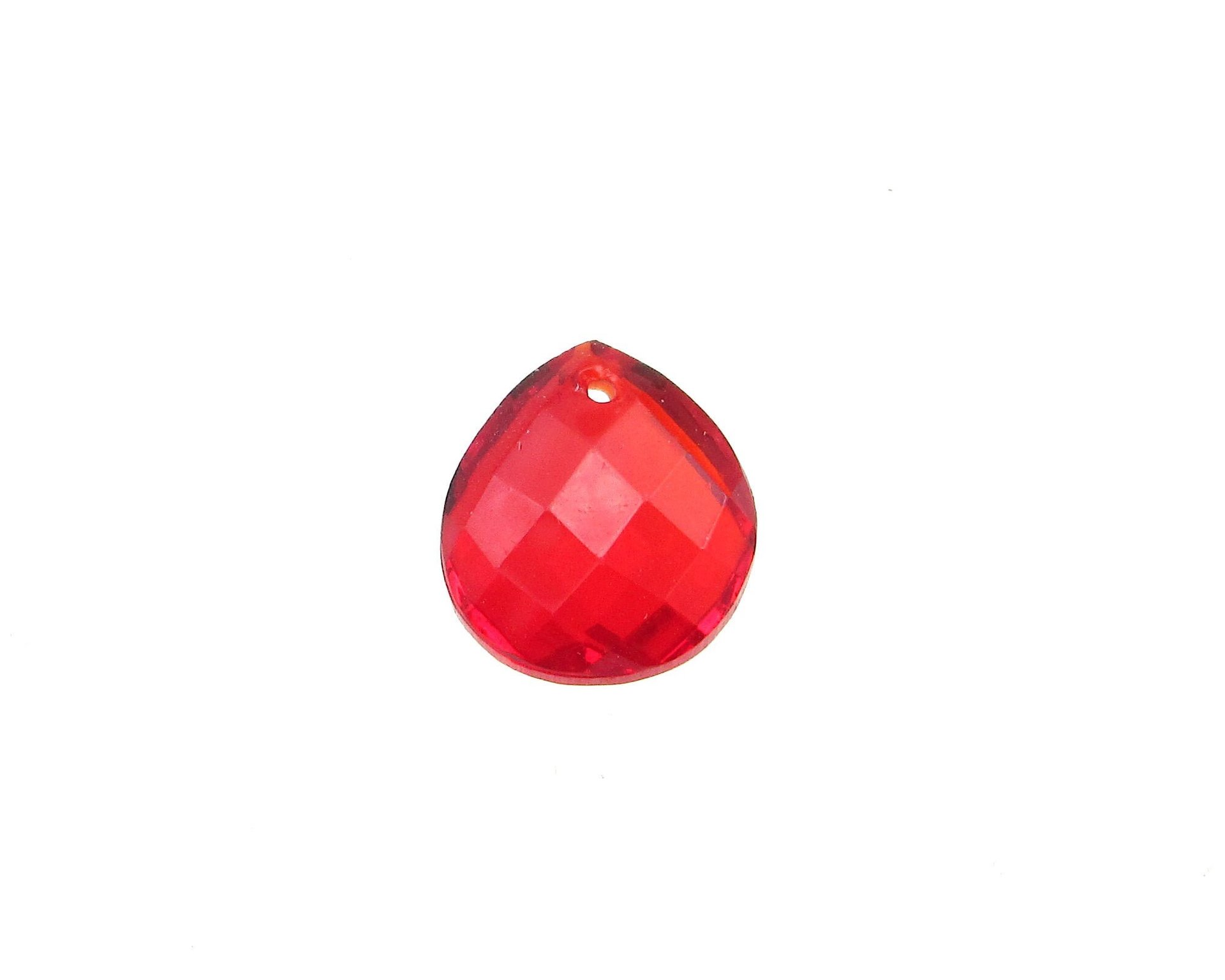 Flat, faceted siam red briolettes are pear shaped beads measuring 11mm long by 10mm wide, with a 0.8mm front-drilled hole.