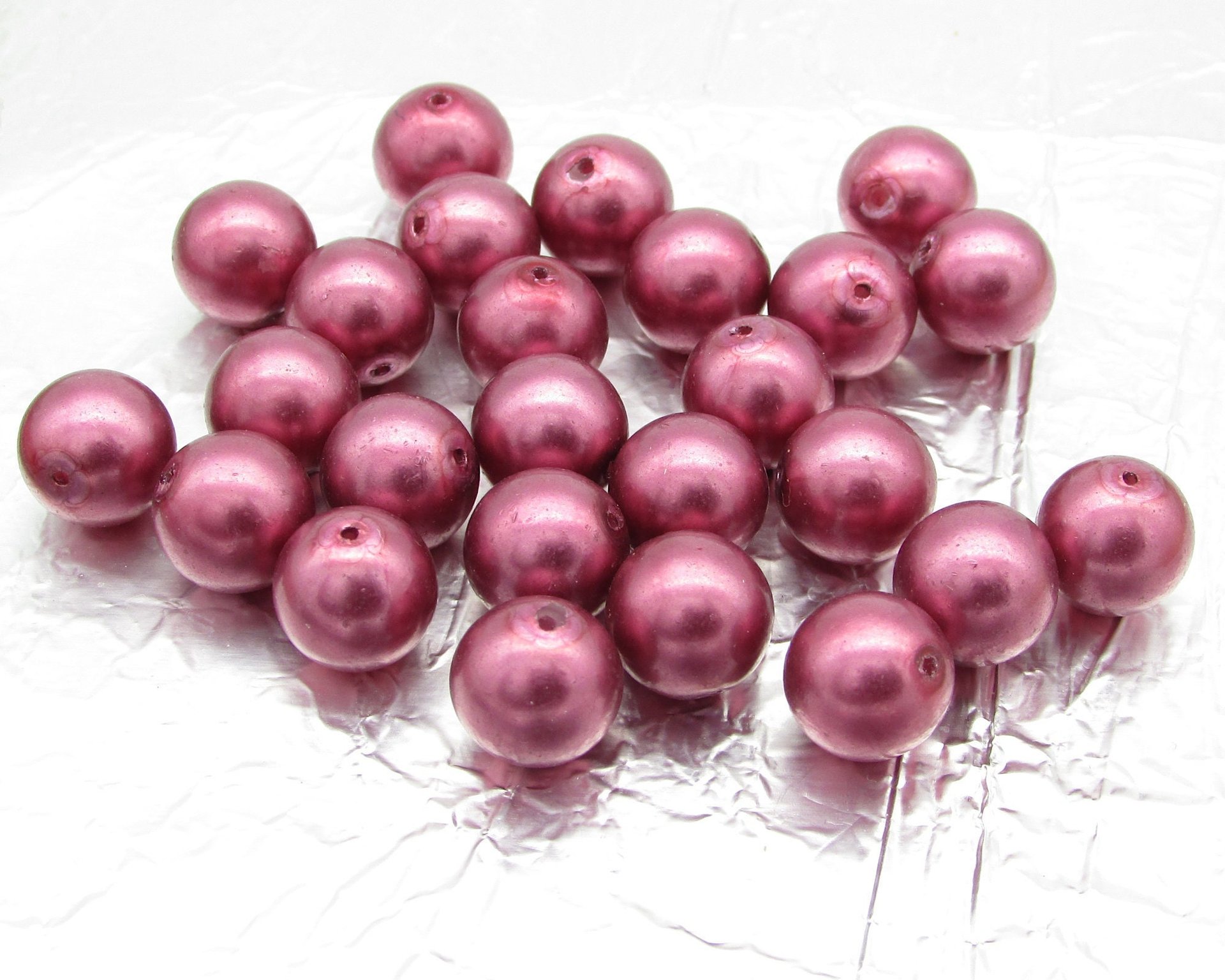 Round Glass Beads, Fuchsia Czech Faux Pearls 12mm 10mm