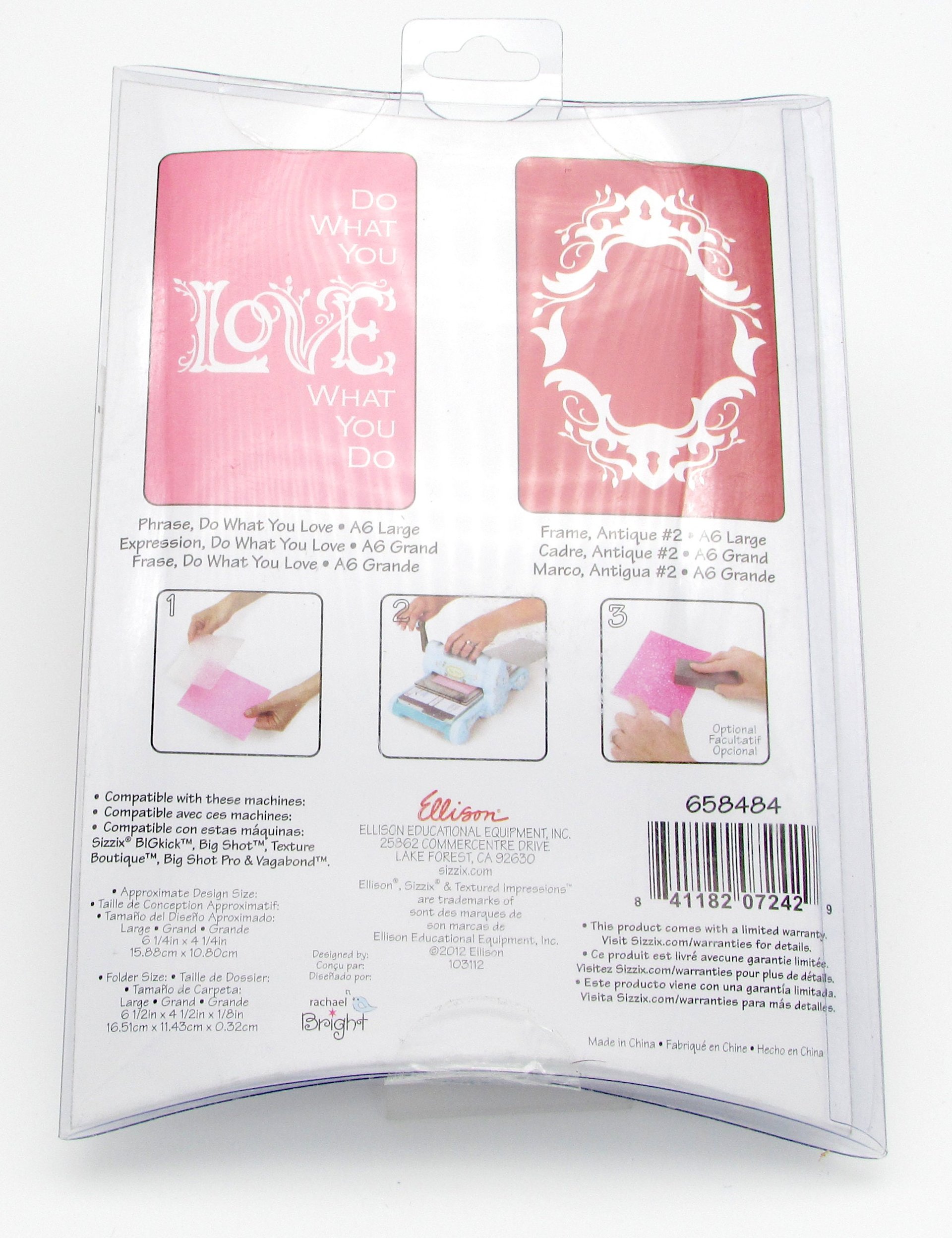 A6 Embossing Folder Set of 2 Sizzix Textured Impressions Frame and Love Set, New in Package
