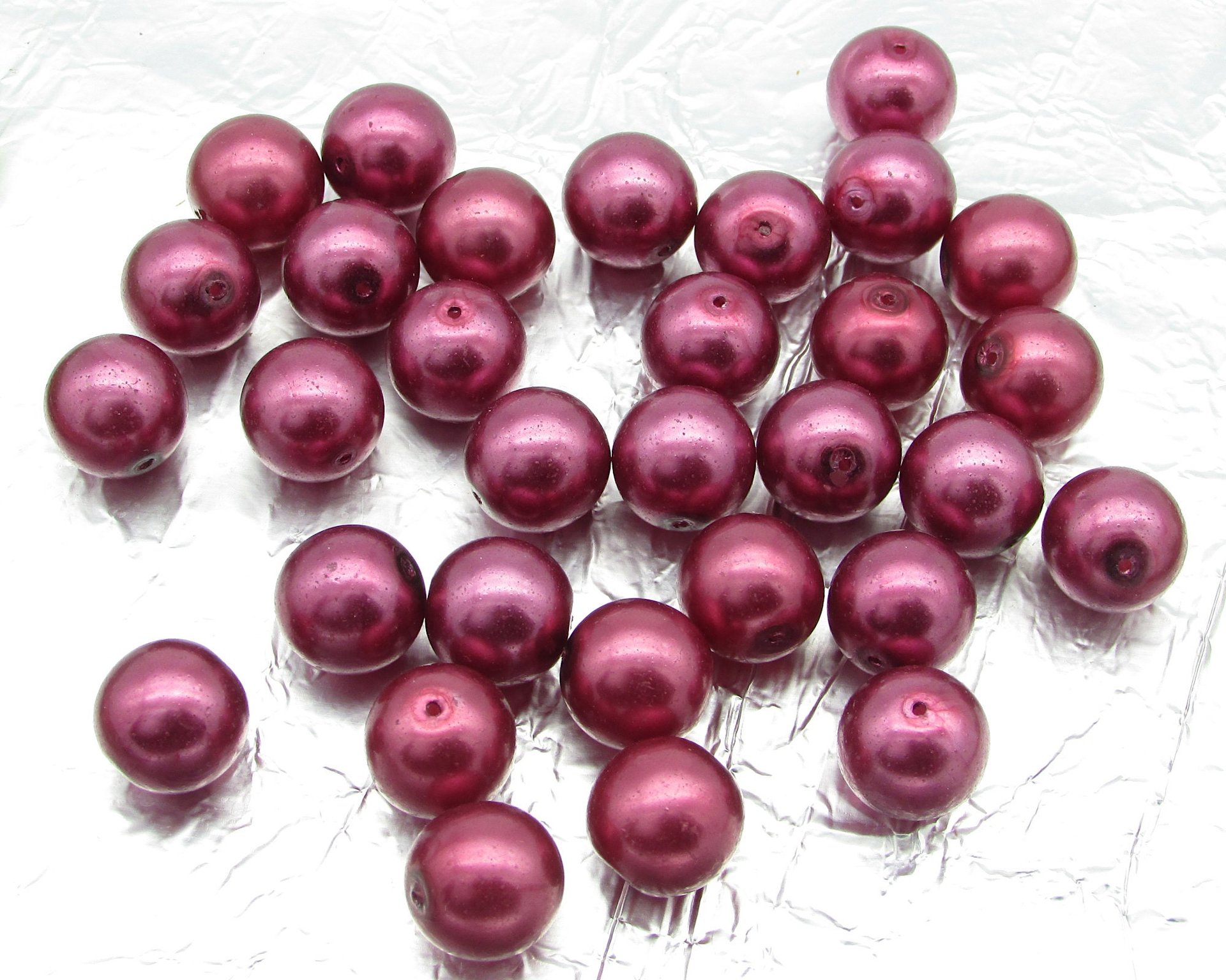 Round Glass Beads, Fuchsia Czech Faux Pearls 12mm 10mm