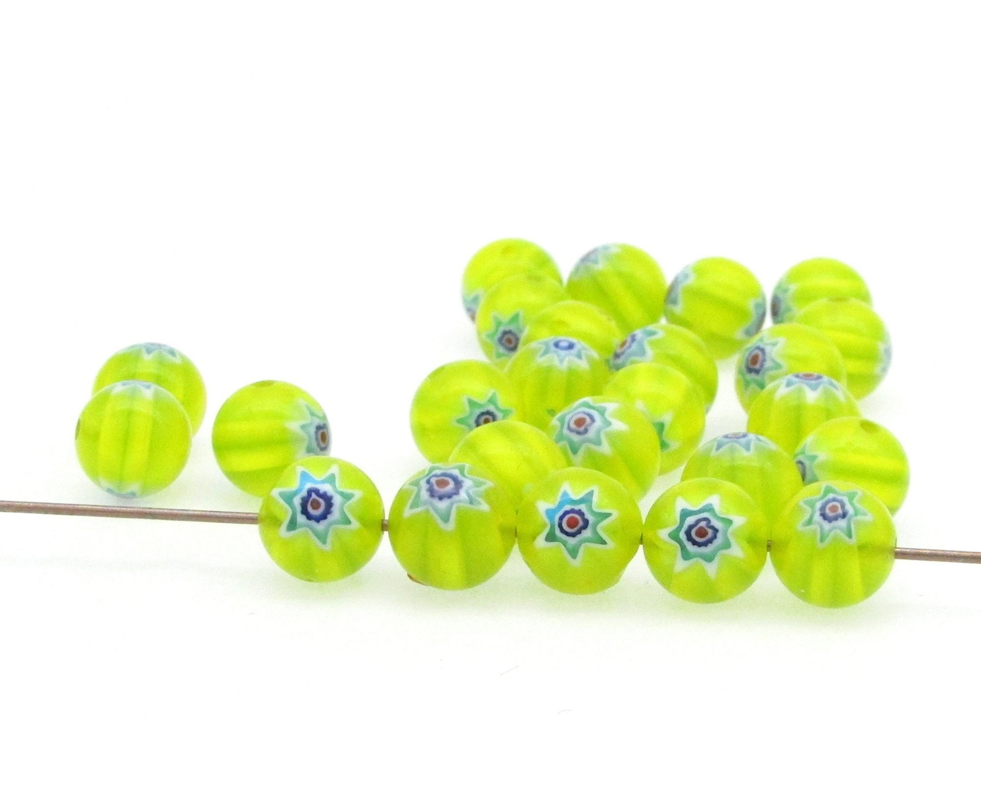 8mm Ball Millefiori Beads, Yellow with Teal (25)