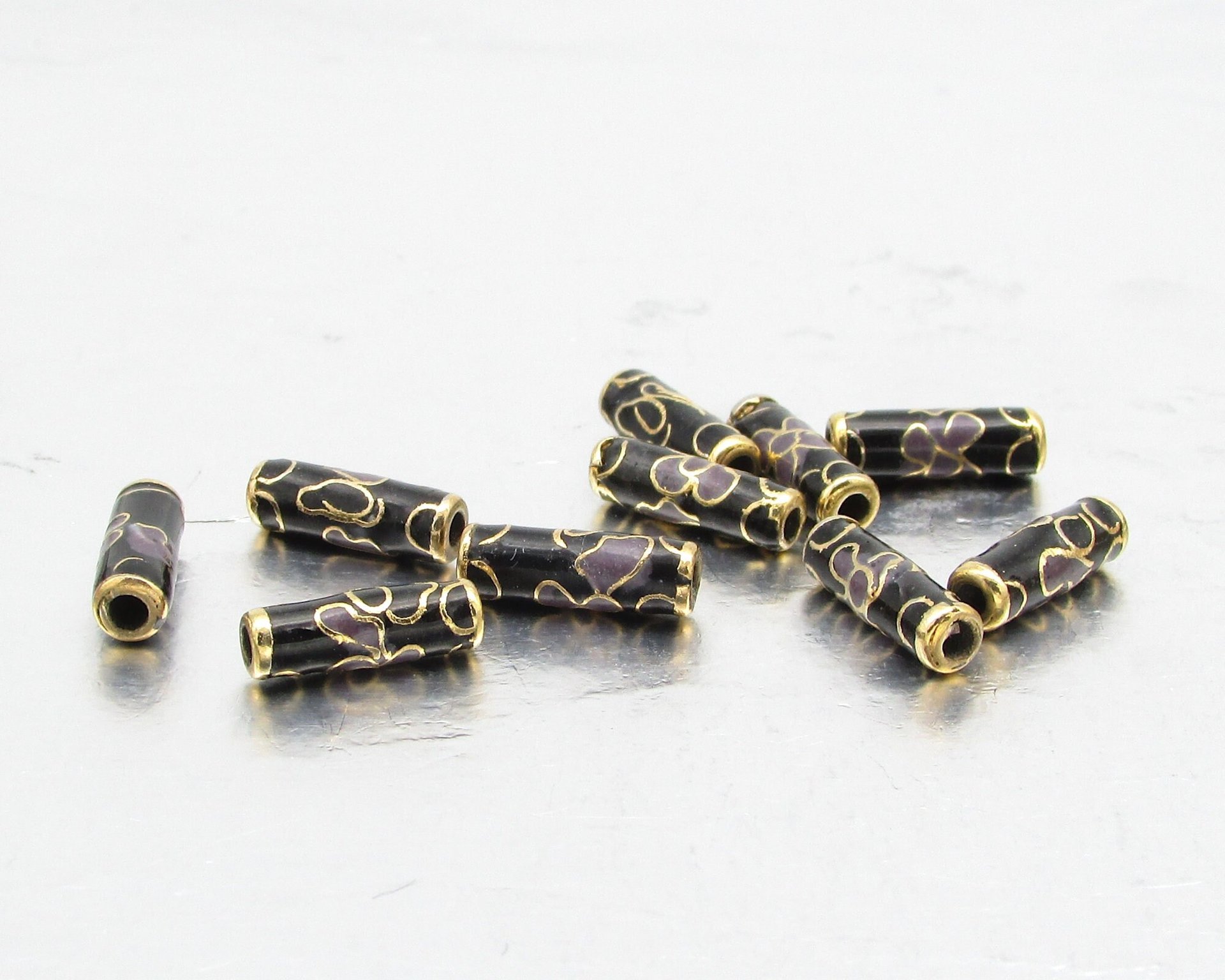 12x4mm Tube Beads, Black Cloisonne with Lavender Flowers (10)