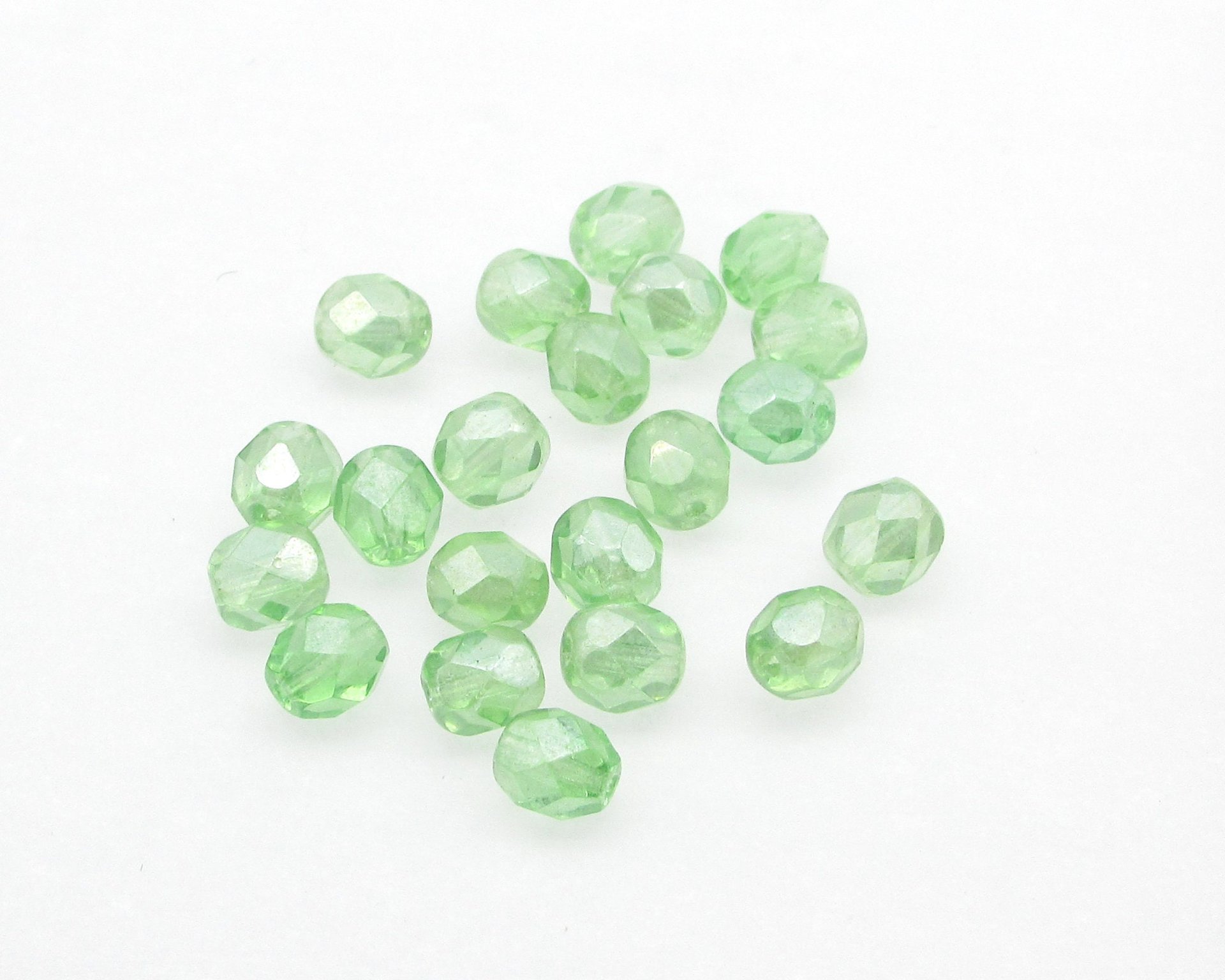 6mm Light Green Faceted Beads, Translucent Peridot AB Iridescent Czech Fire Polished Glass Rounds (25)
