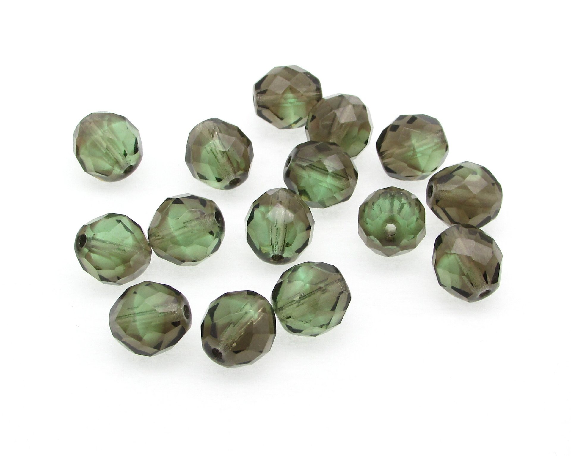 10mm Faceted Beads, Green and Brown Fire Polished Rounds