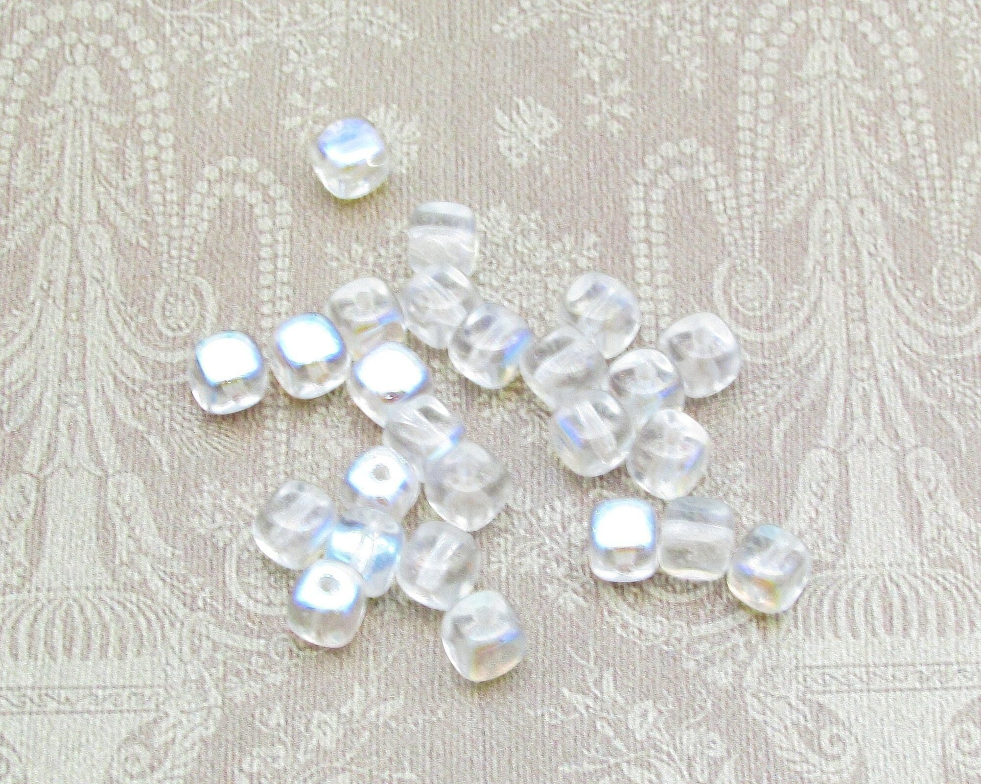 5mm Cubes, Crystal AB Small Czech Pressed Glass Beads