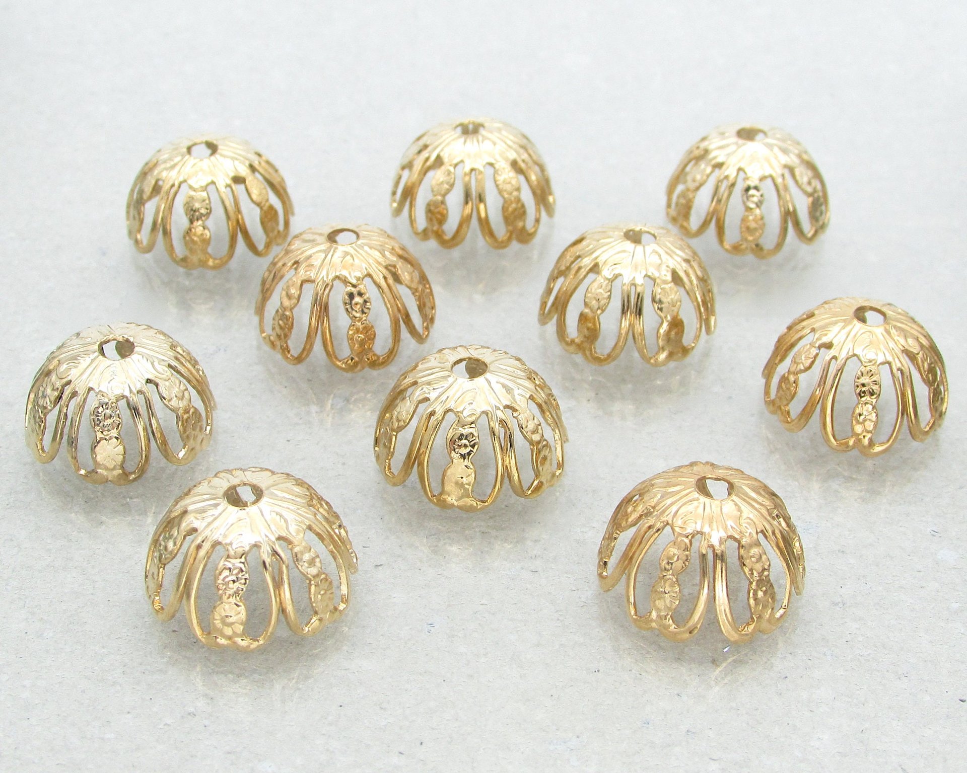 14mm Bead Caps, Gold Plated Brass Findings (10)