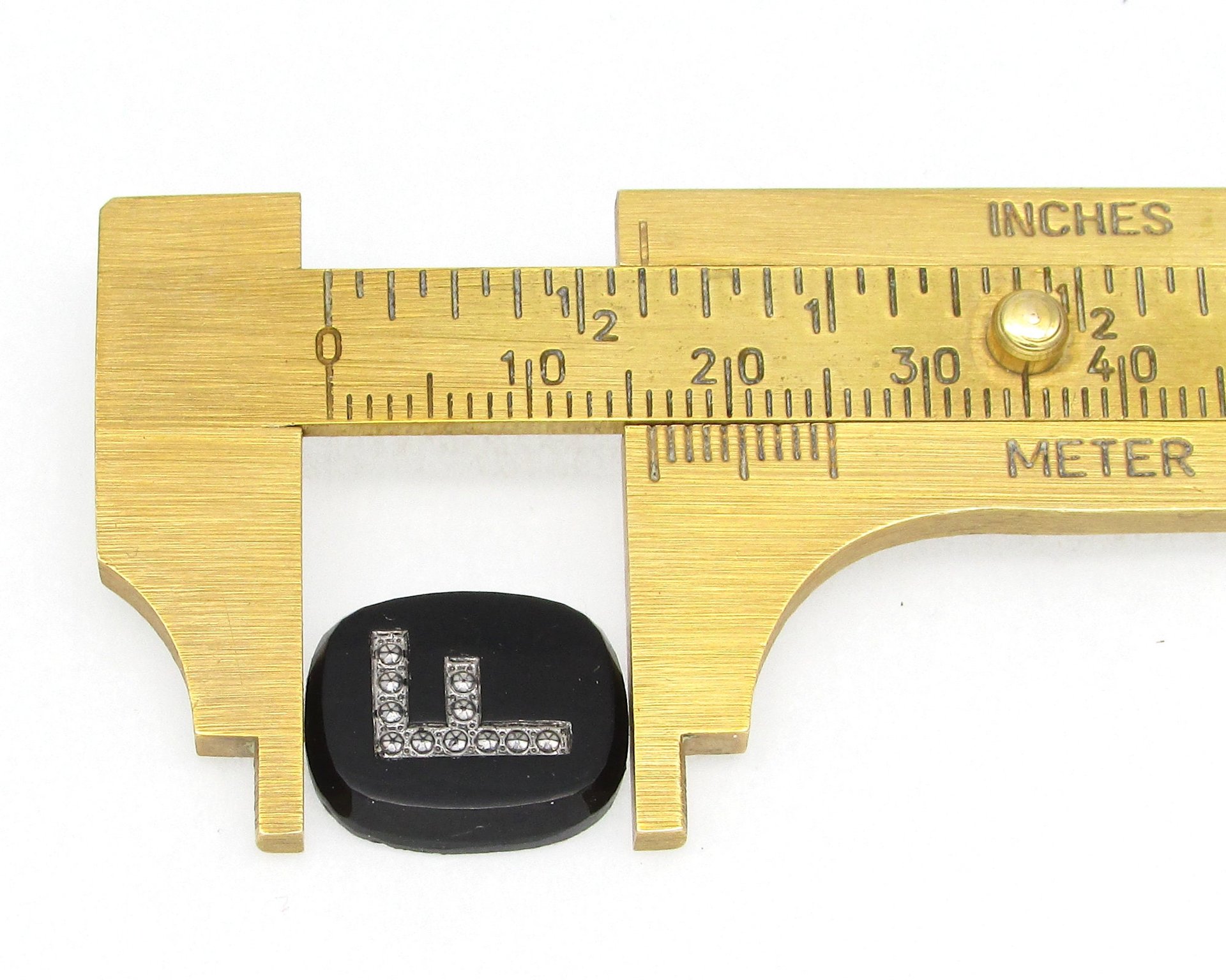 Vintage Initial Cabochon, Black Glass with Marcasite Letter, 16x15mm Flat Rounded Rectangle