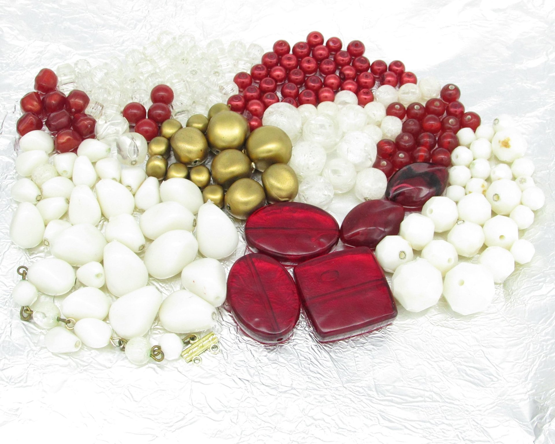 Red and White Bead Mix, Vintage Salvaged Plastic Jewelry Components  