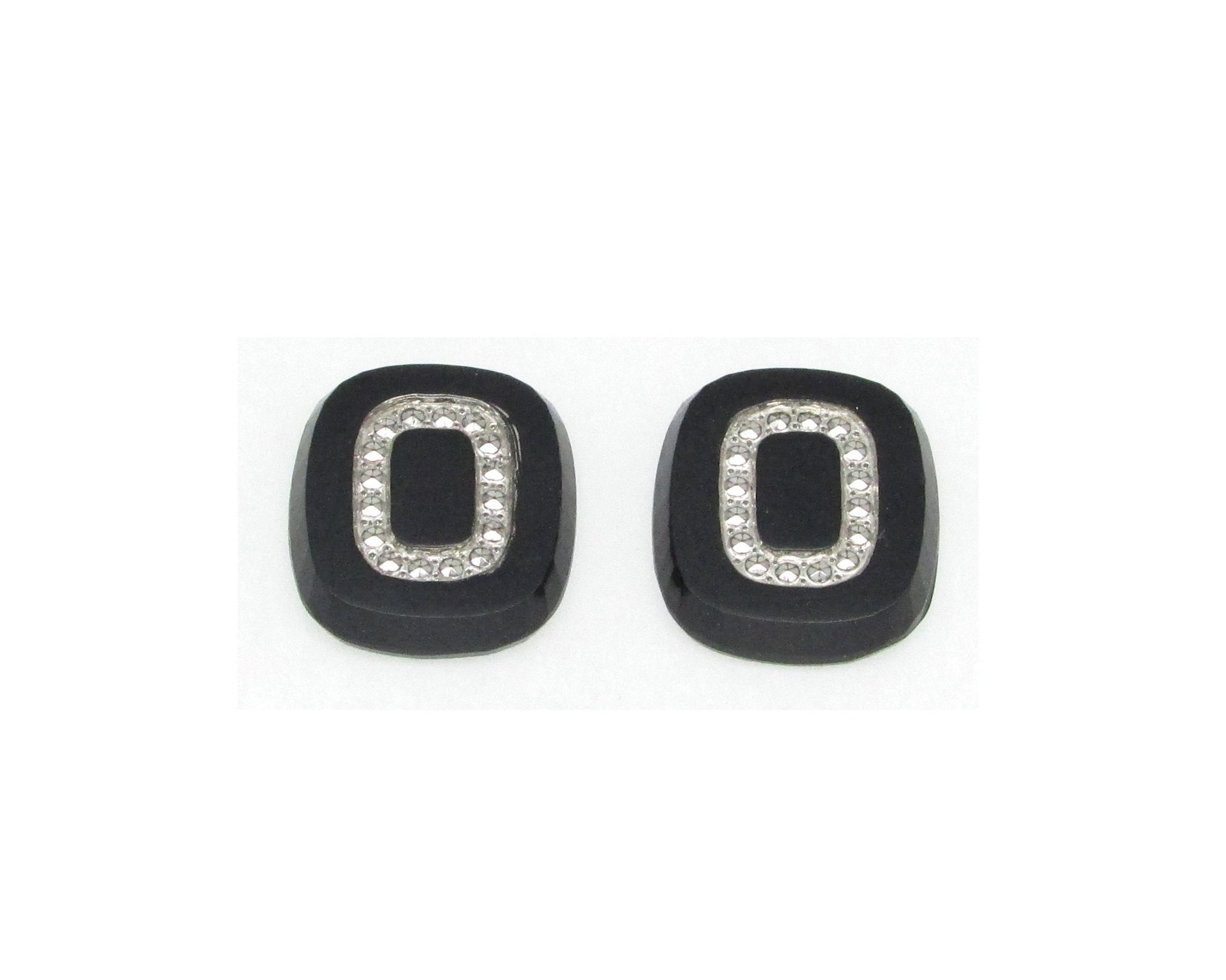 Vintage Initial Cabochon, Black Glass with Marcasite Letter, 16x15mm Flat Rounded Rectangle
