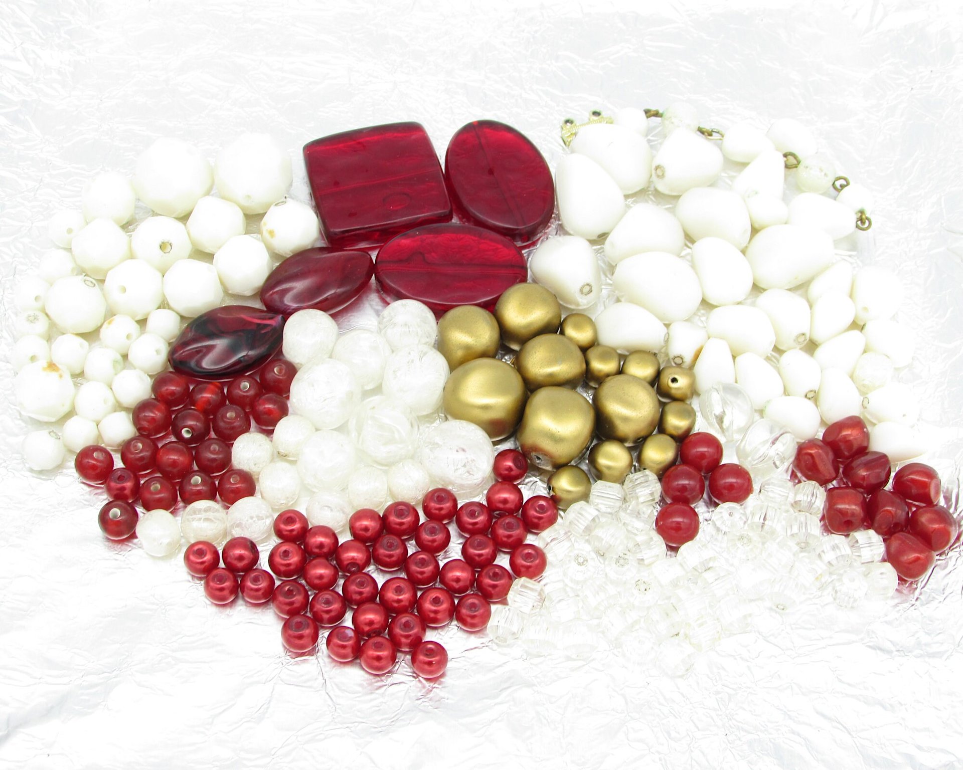 Red and White Bead Mix, Vintage Salvaged Plastic Jewelry Components  