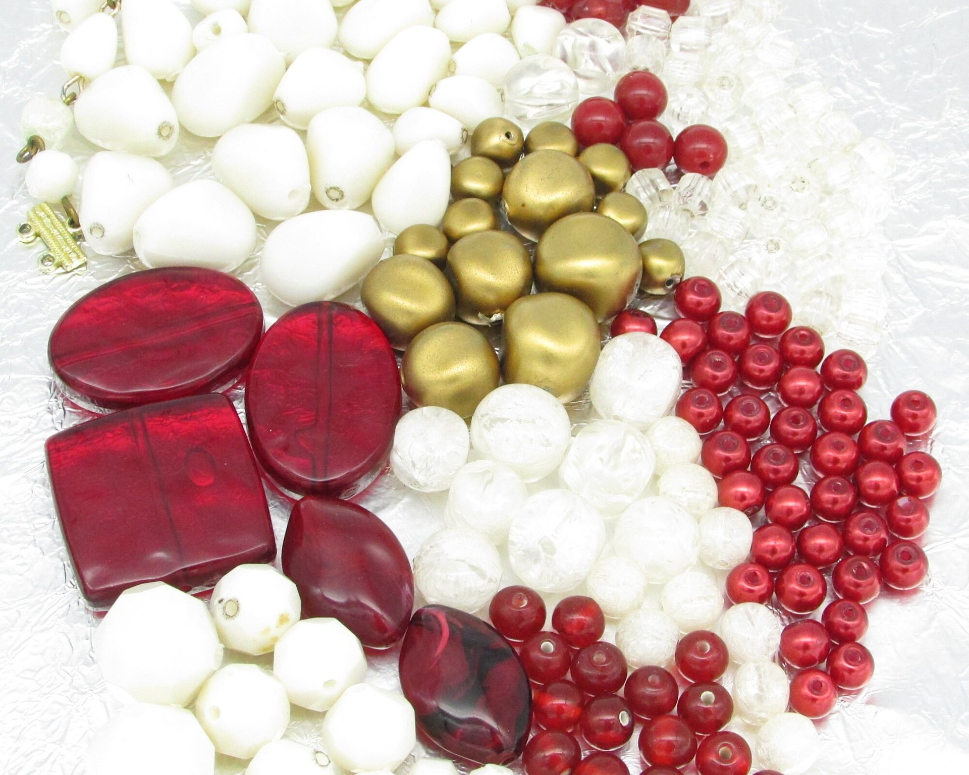 Red and White Bead Mix, Vintage Salvaged Plastic Jewelry Components  