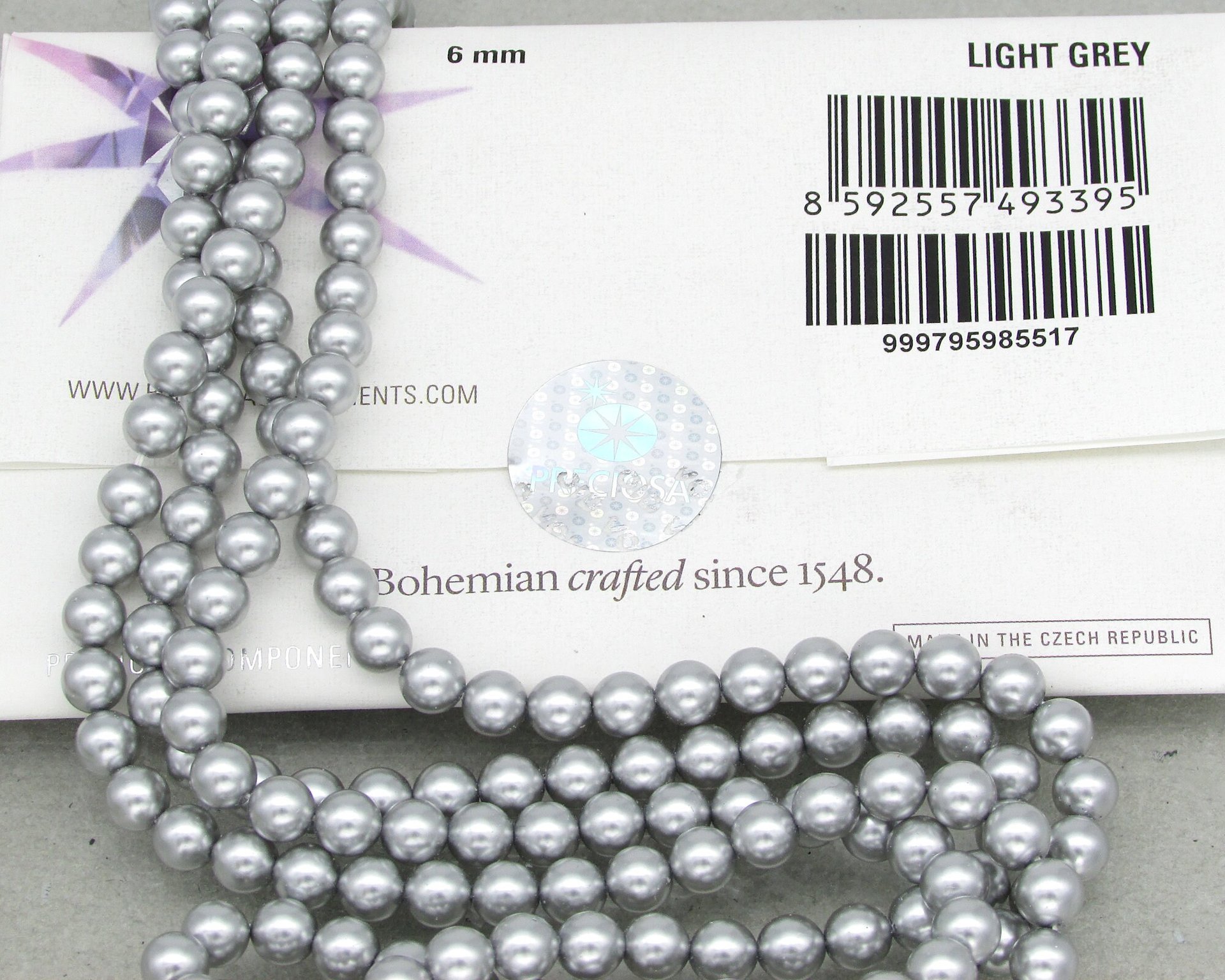 Preciosa Crystal Nacre Pearls, 6mm 8mm Round Light Gray Ball Beads (25)